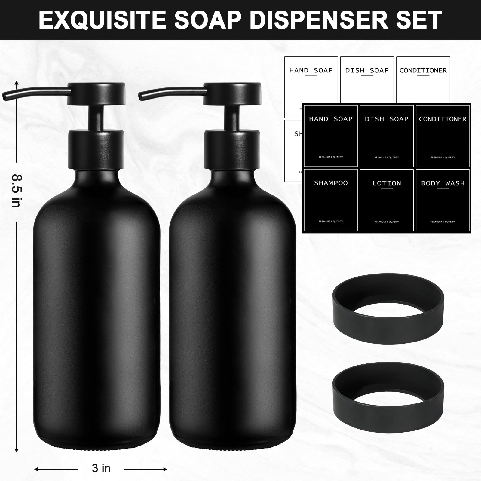 Black Glass Soap Dispenser with Stainless Steel Pump (2 Count)