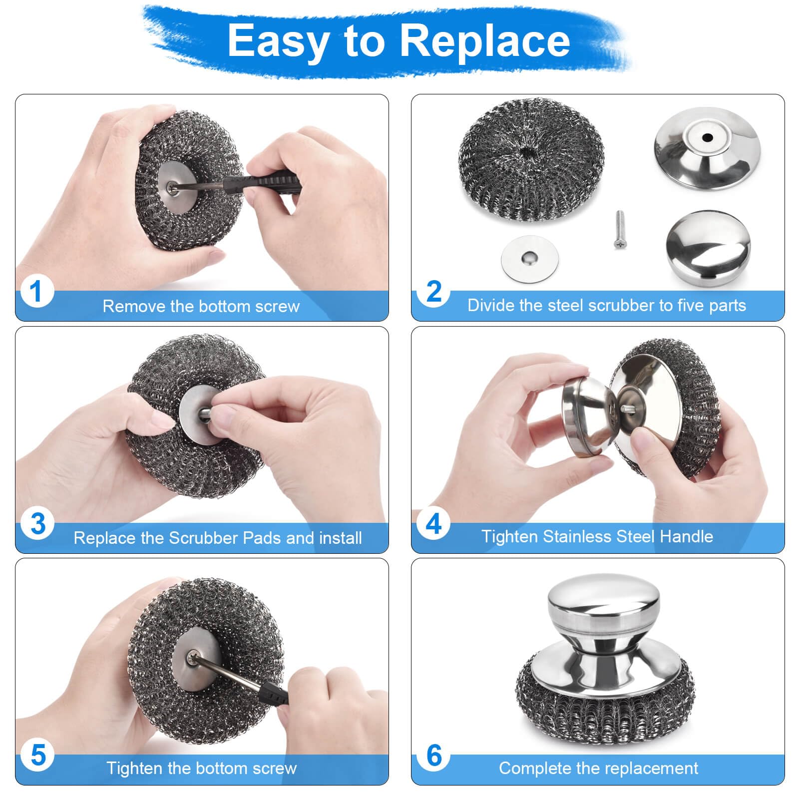 7PCS Steel Wool Scrubber Pads with 1PCS Handle (7 Count)