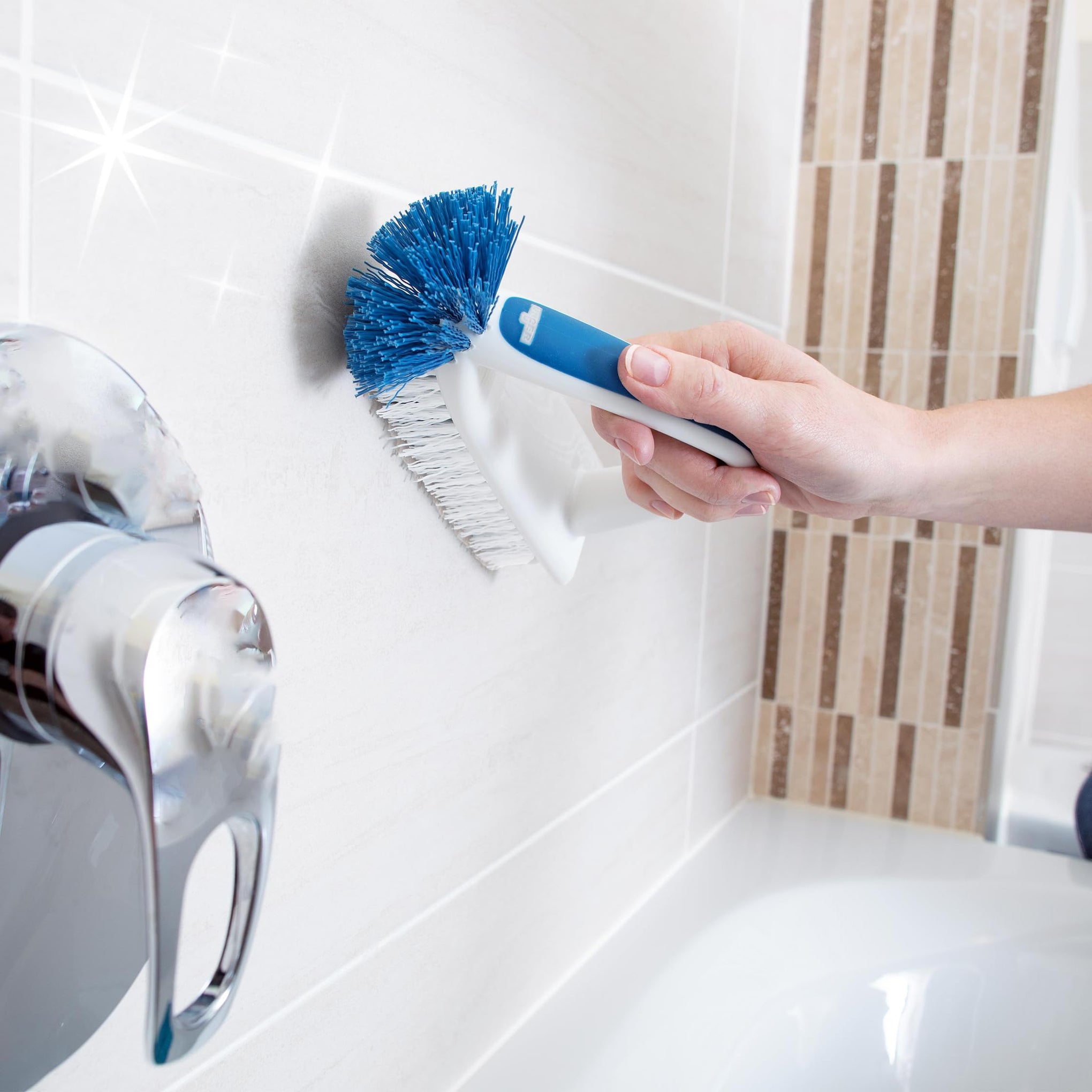 2-in-1 Bath and Tile Scrubber Brush Tool, Crevice Cleaning Supplies, Dishwasher Safe, Rounded Bristles for Bathroom Scrubbing, Great for Tile, Bathtubs, and Showers