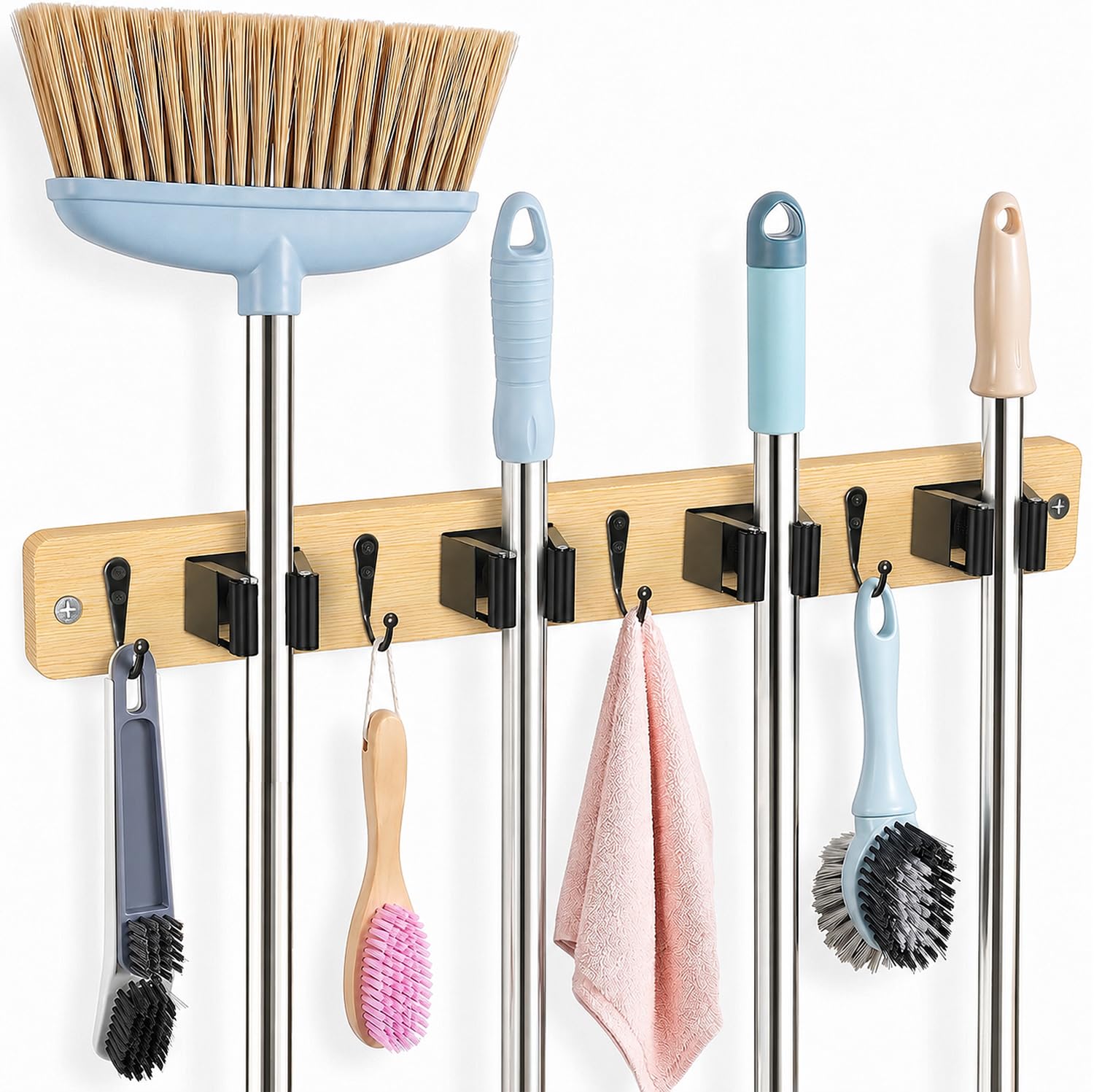 Light Wood Broom Holder Wall Mount