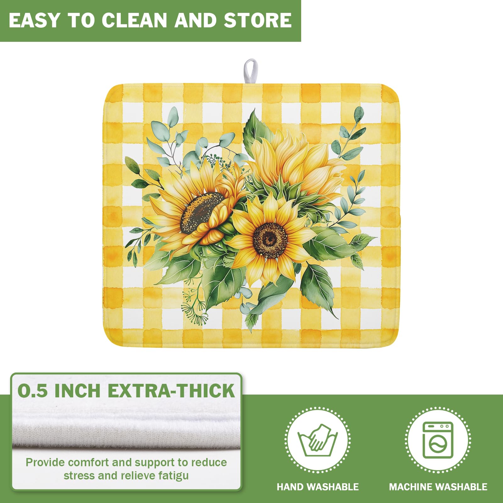 Sunflower Dish Drying Mat 16x18 Inch Absorbent Reversible Summer Sunflower Drying Mat Summer Plaid Dish Drying Rack Mat Yellow Summer Themed Dish Drainer Mat for Kitchen Counter Coffee Bar
