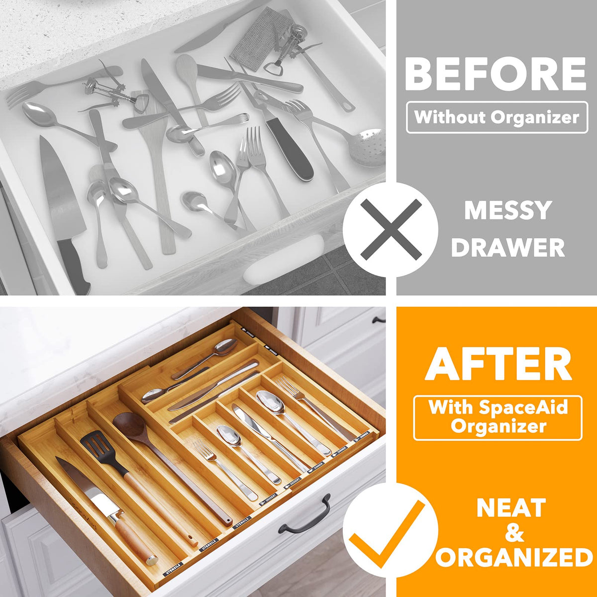 Bamboo Silverware Drawer Organizer with Labels