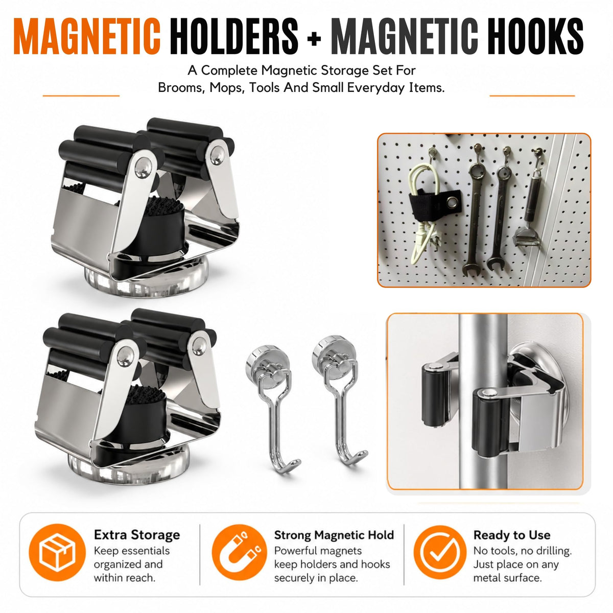 8 Pack Magnetic Broom Holder with 8 Pack Mini Magnetic Hooks (16 count)