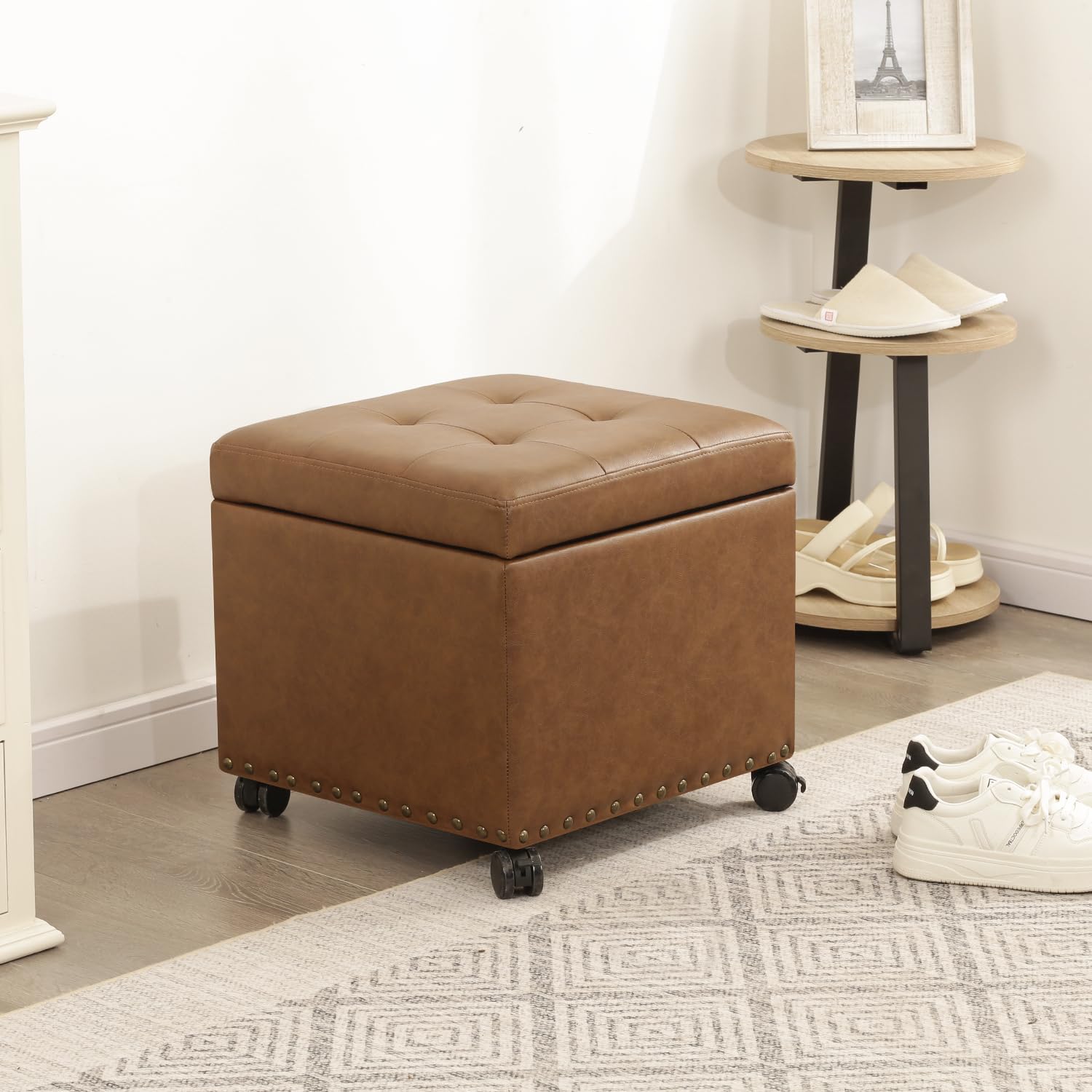16.7" H Vintage Golden Brown Leather Storage Ottoman with 360 Caster Wheels