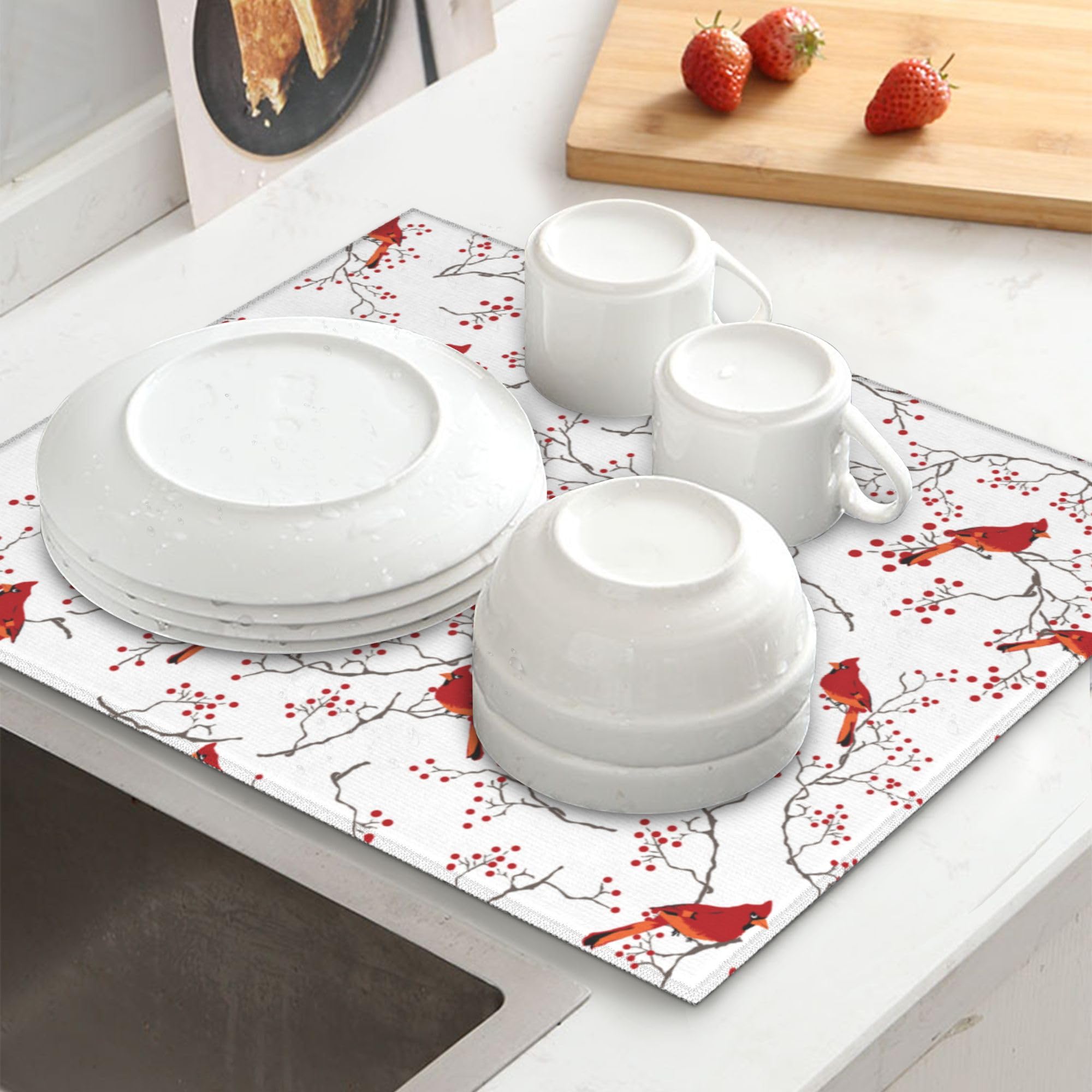 Cardinal Bird Red Berry Decor Kitchen Drying Mat Cute 16x18 Inch