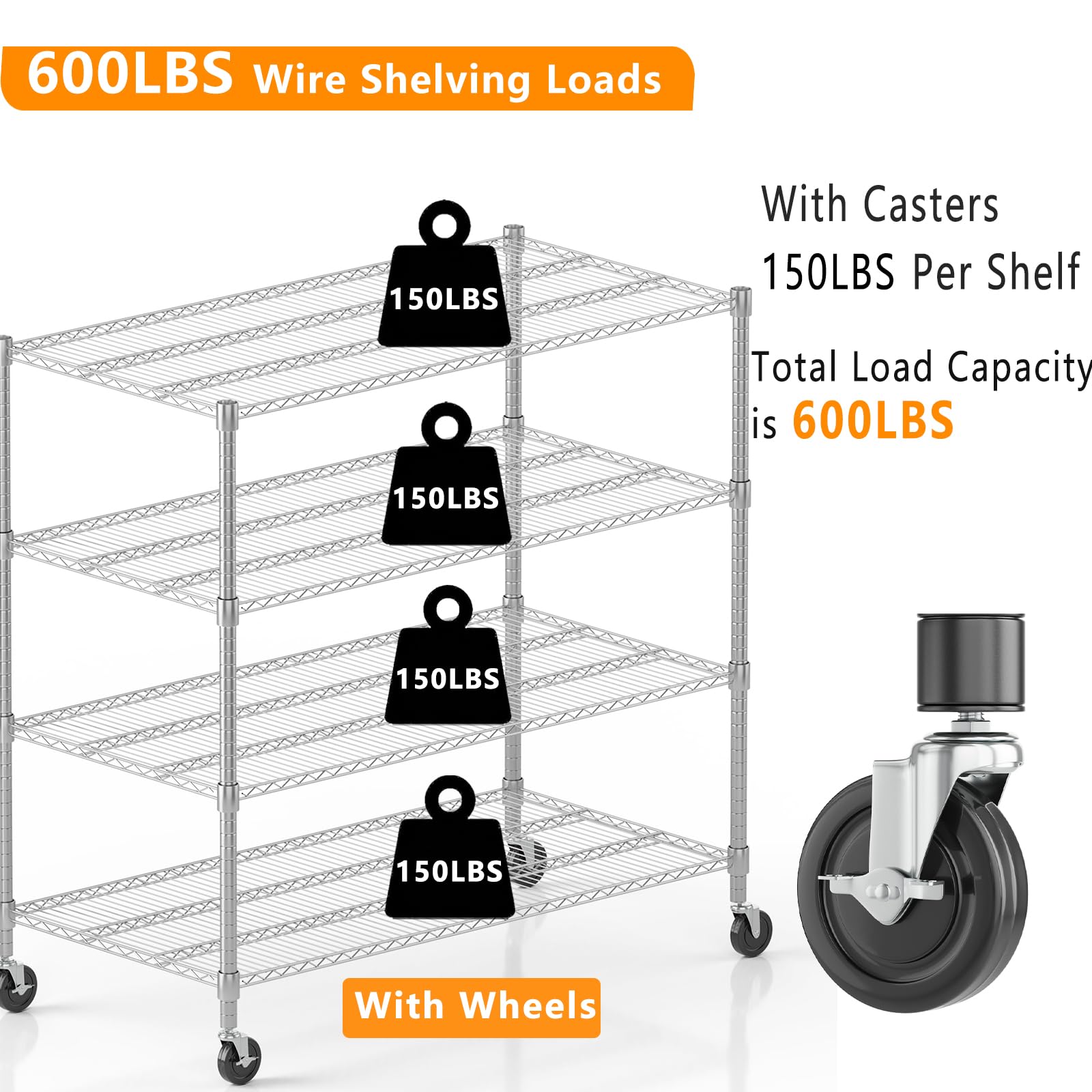 4 Tier Wire Shelving with Wheels Heavy Duty Height Adjustable Metal Shelves for Storage