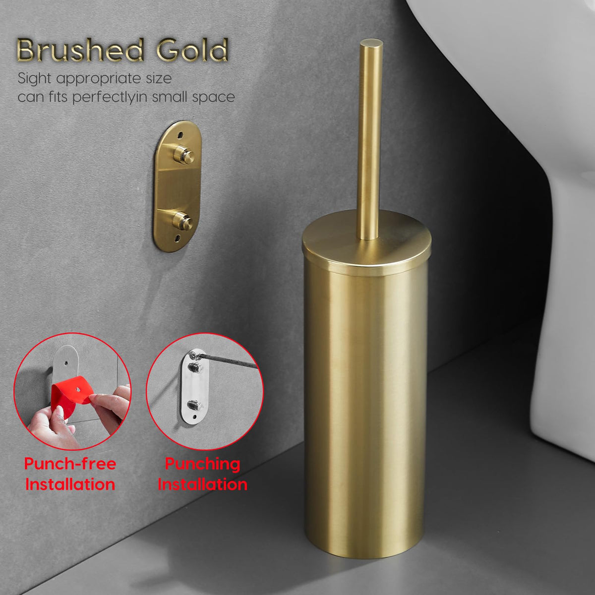 Brushed Gold Stainless Steel Wall Mounted Toilet Brush and Cover