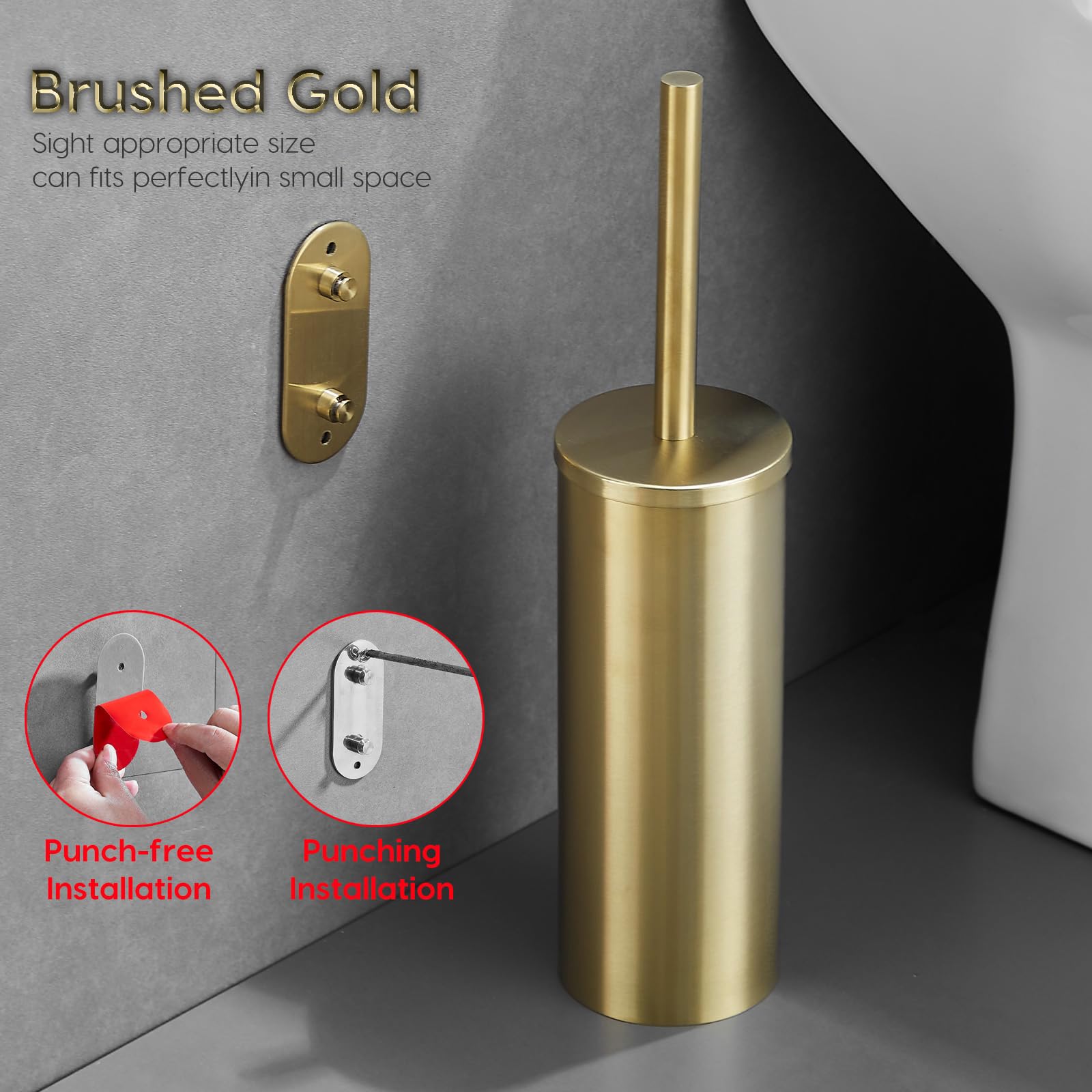 Brushed Gold Stainless Steel Wall Mounted Toilet Brush and Cover