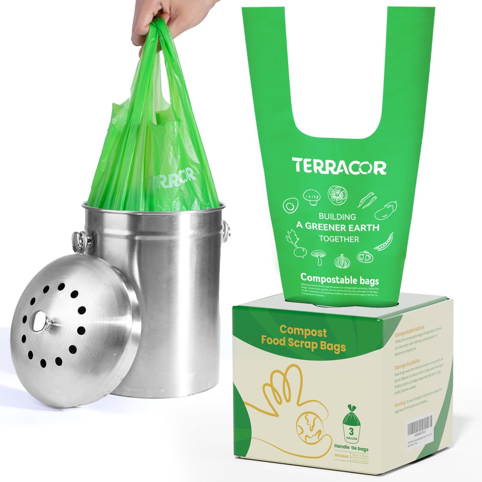 Compost Bags Handle Tie Food Scrap Bags 3 Gallon (100 Count)