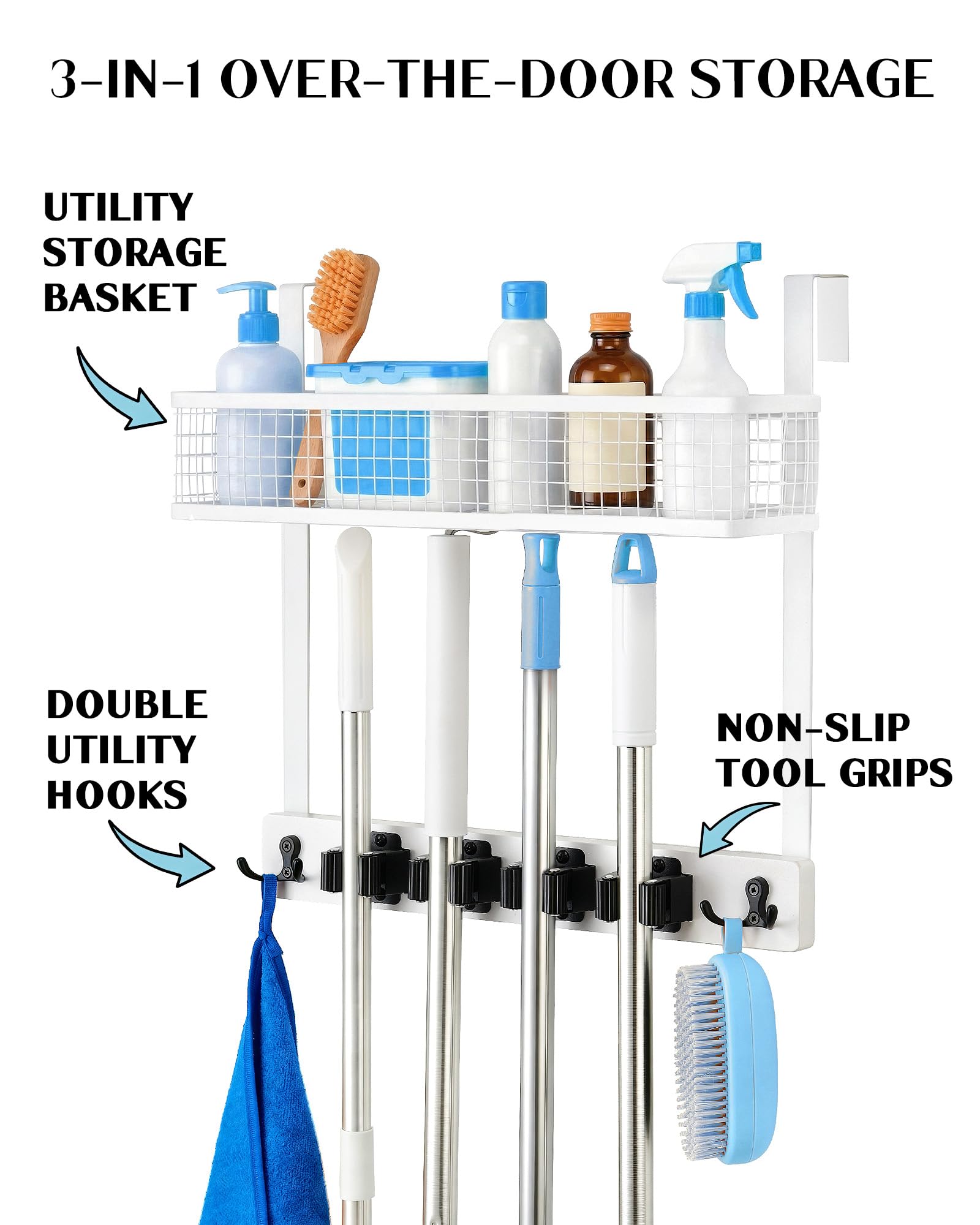 Over the Door Broom and Mop Holder with Basket