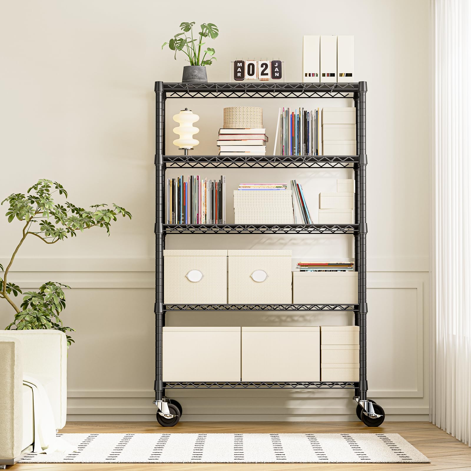 5 Tier Adjustable Heavy Duty Steel Wire Shelving Unit with Wheels (5 Count)