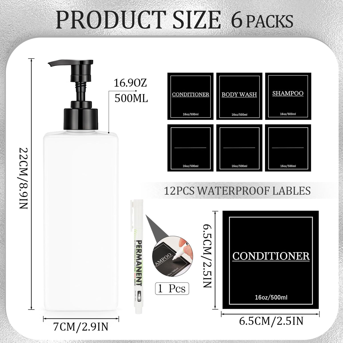6 Pcs Shampoo and Conditioner Dispenser Bottles 16oz Modern Shower Soap Bottles with Pump (6 Count)