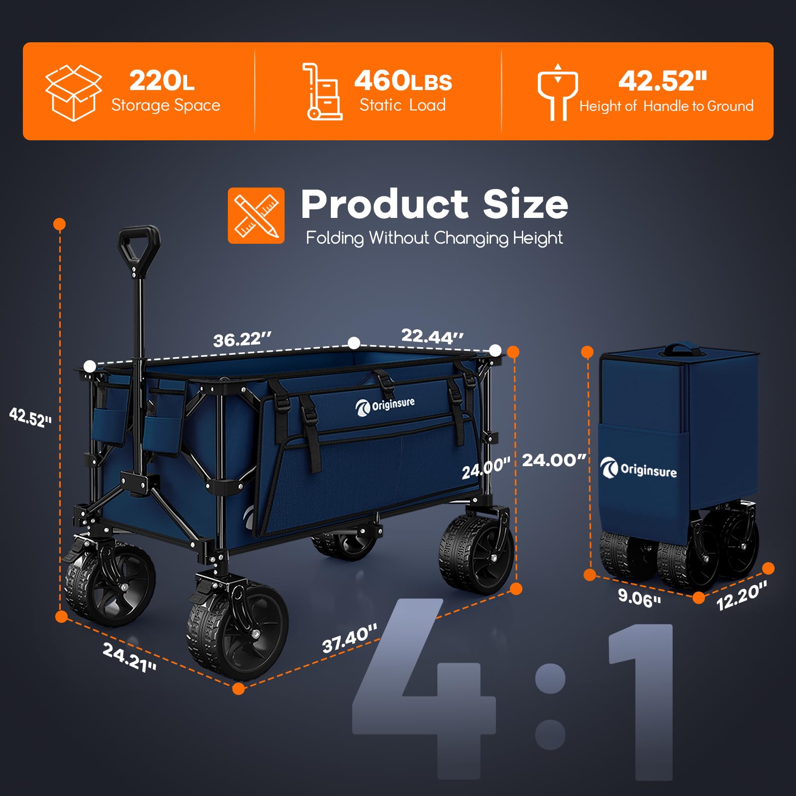 220L Collapsible Beach Wagon Cart with Big Wheels