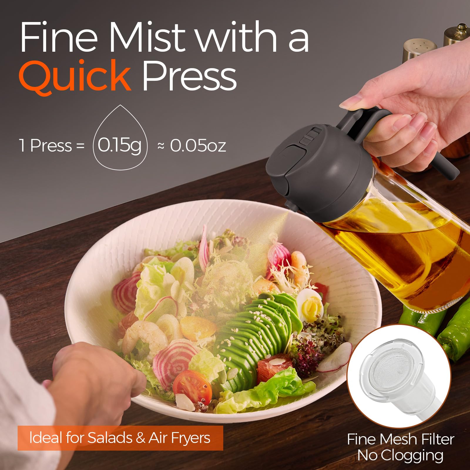 16 oz 2-in-1 Glass Olive Oil Sprayer for Cooking, Grey