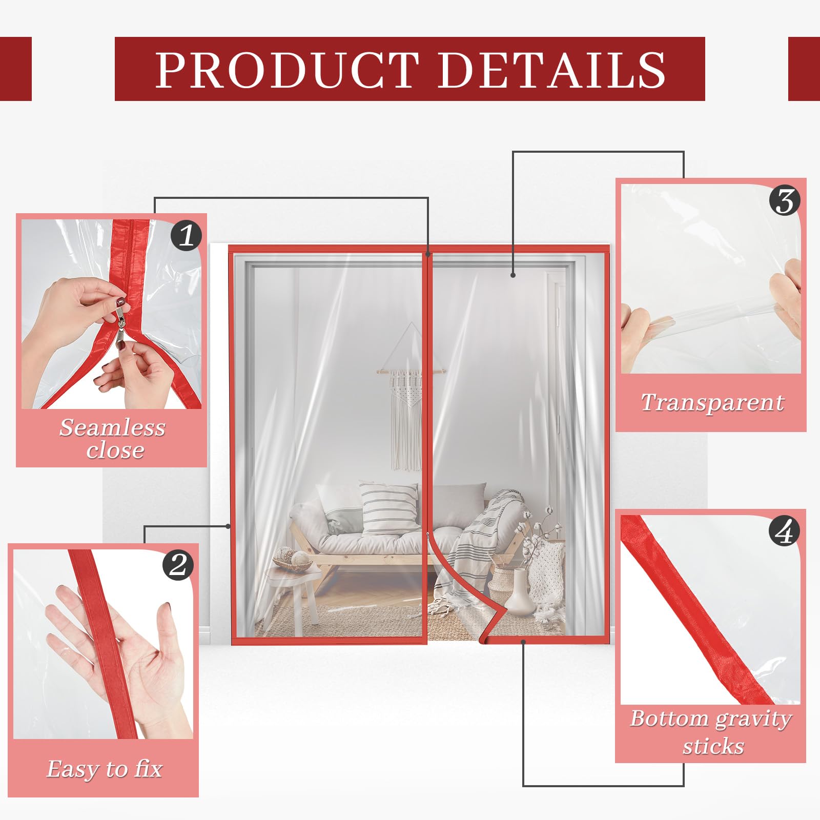 Zipper 72 x 80 Inch Dust Barrier Door Red 6 x 6.7 ft Winter Construction Door Reusable Plastic Curtain Cover Containment Standard Doorway Temporary Wall Screen Sheeting for Bathroom Hallway