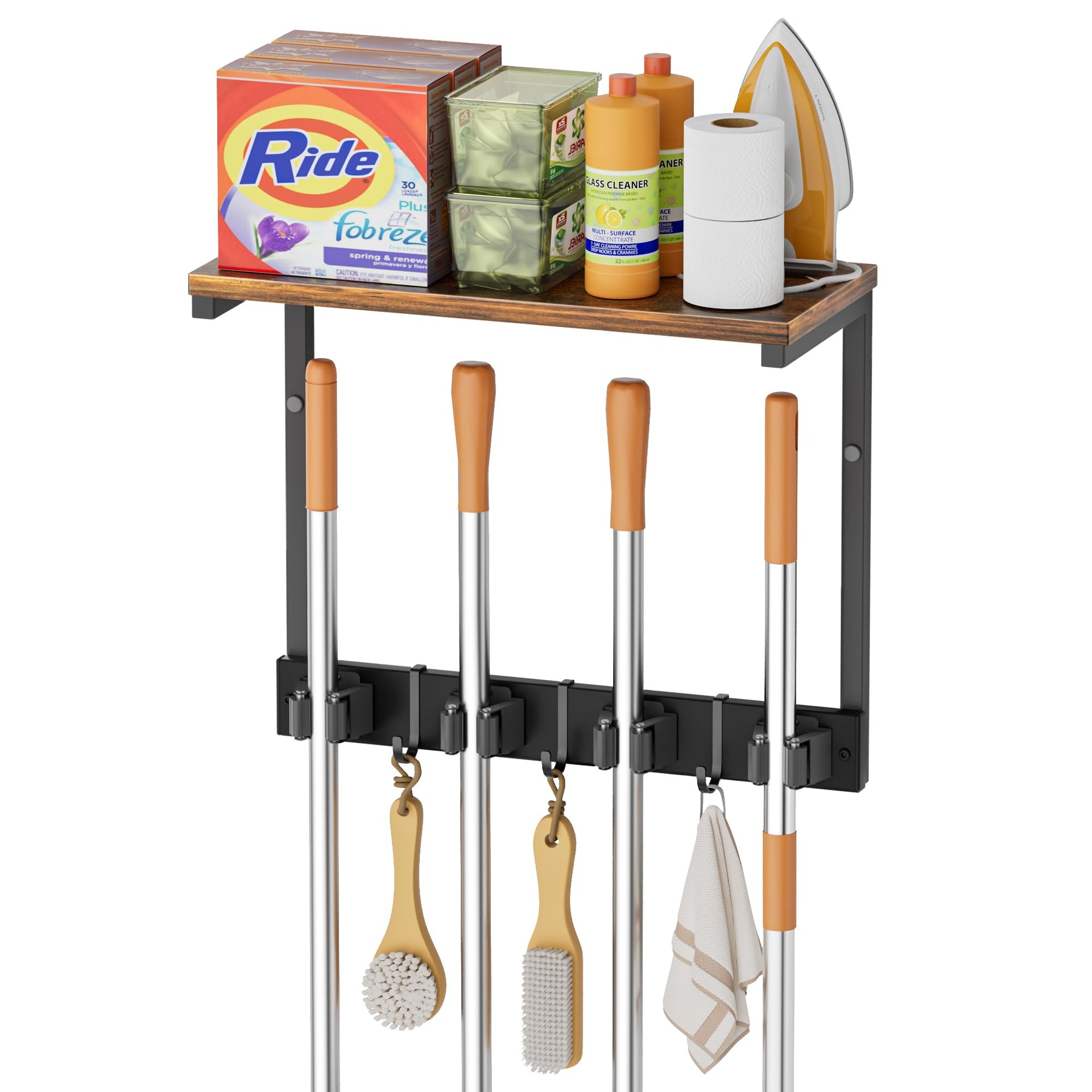 Broom Holder Wall Mount with Cleaning Supplies Organizer