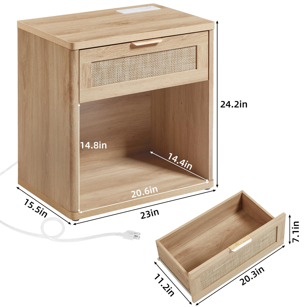 Rattan Nightstand with Charging Station