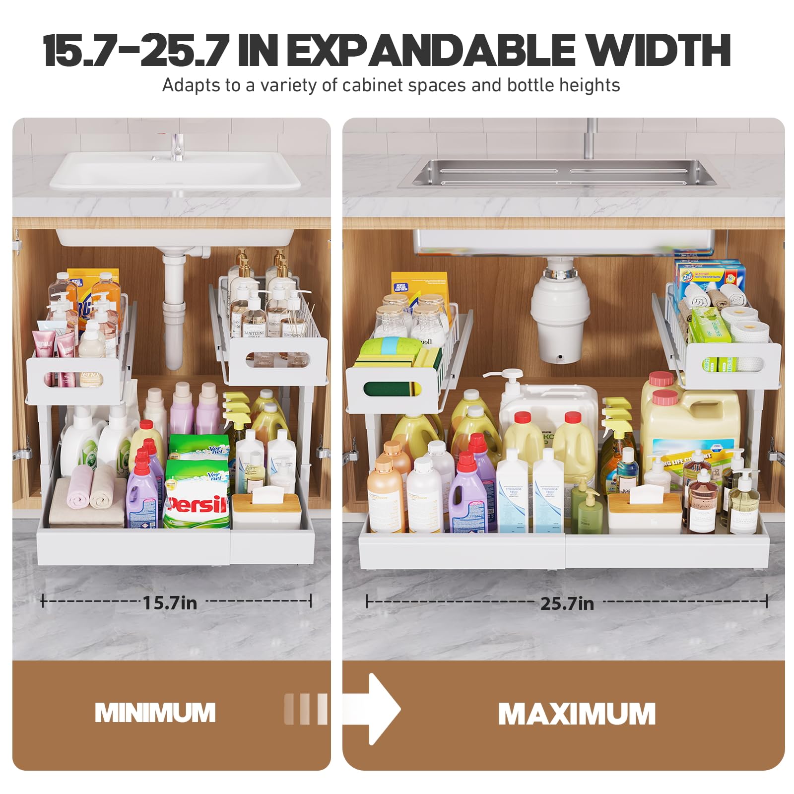 1 Pack-16"-26"W Expandable Under Sink Organizer With Upgrade Ball-Bearing Slide,2-Tier Pull Out Under Cabinet Organizer Height Adjustable,Not Suitable For Cabinets With Partitions In The Middle