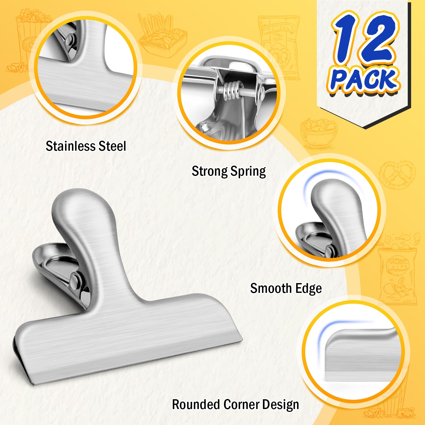 12 Pack Stainless Steel Chip Clips (12 Count)