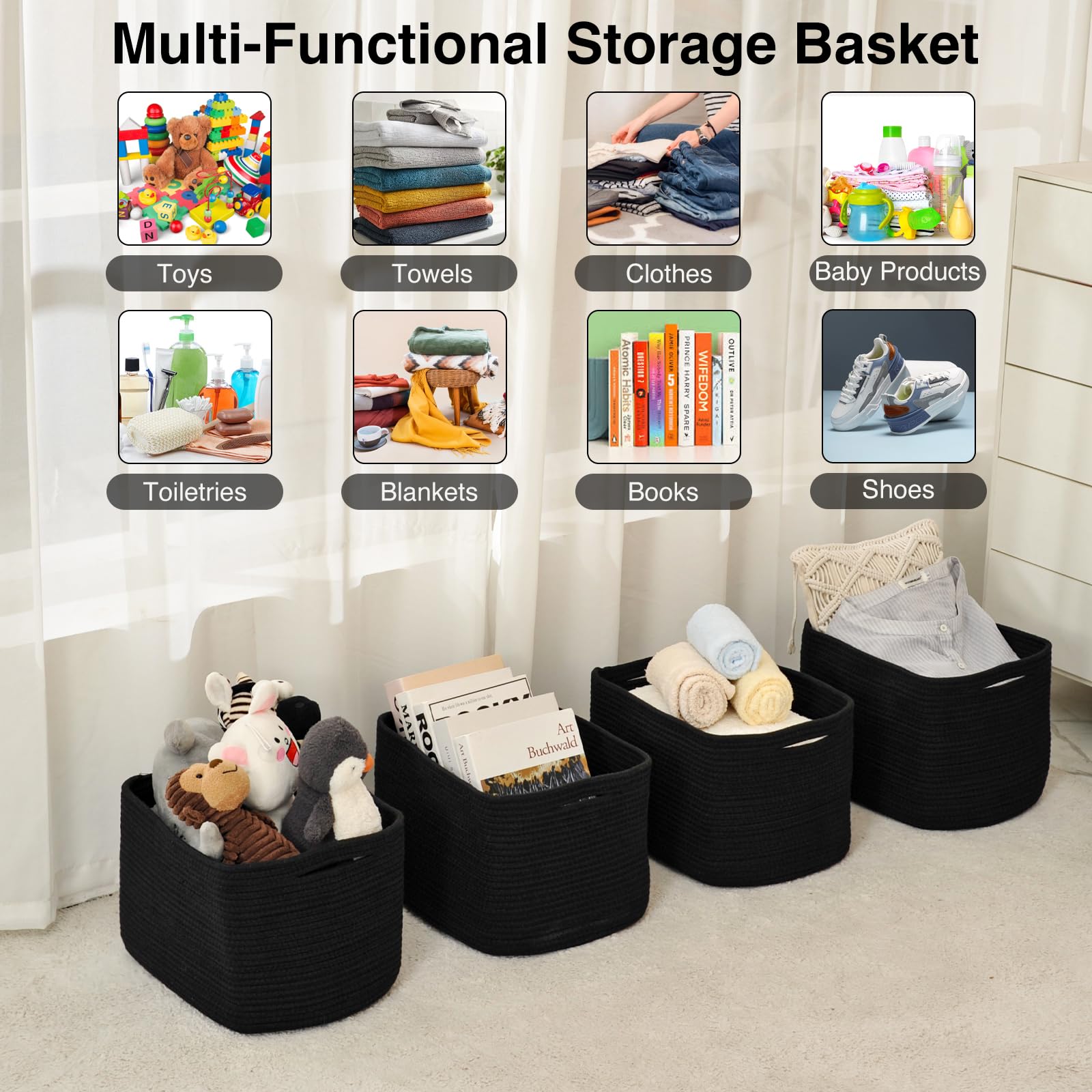 Storage Baskets for Organizing & Shelves (4 Count)