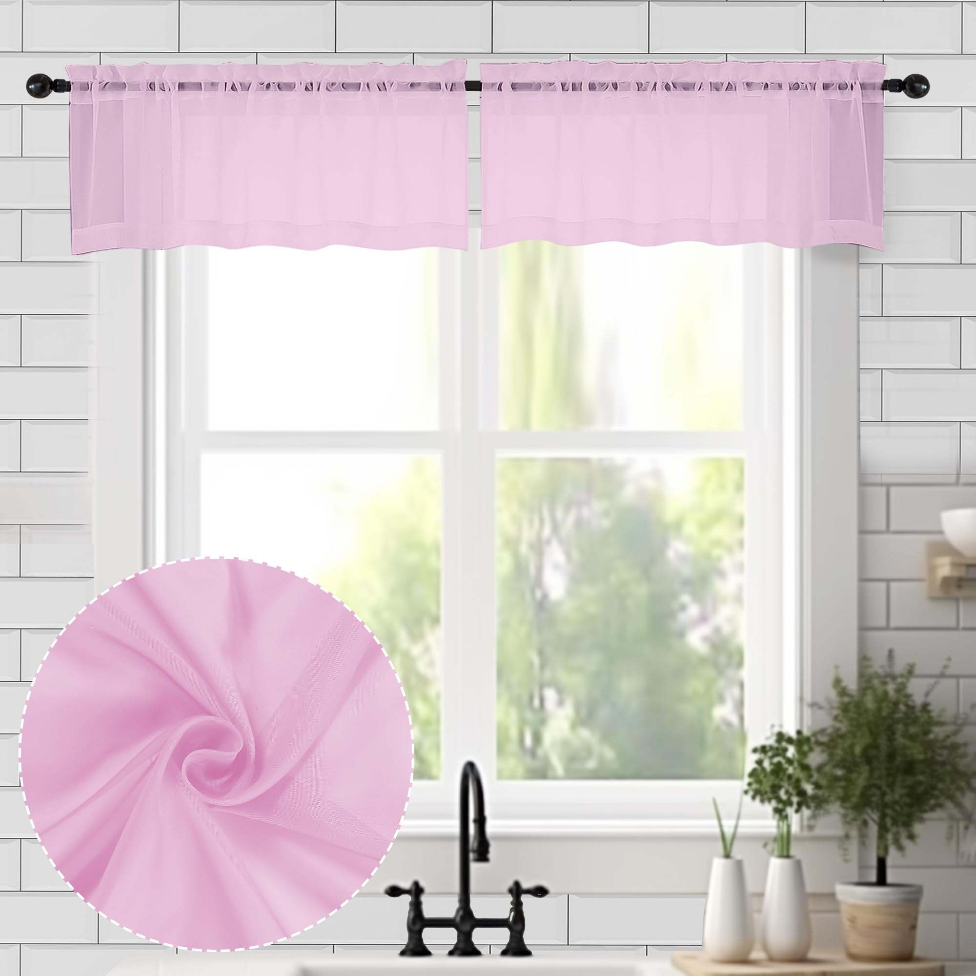 Pink Sheer Valances for Window 2 Pack (2 Count)