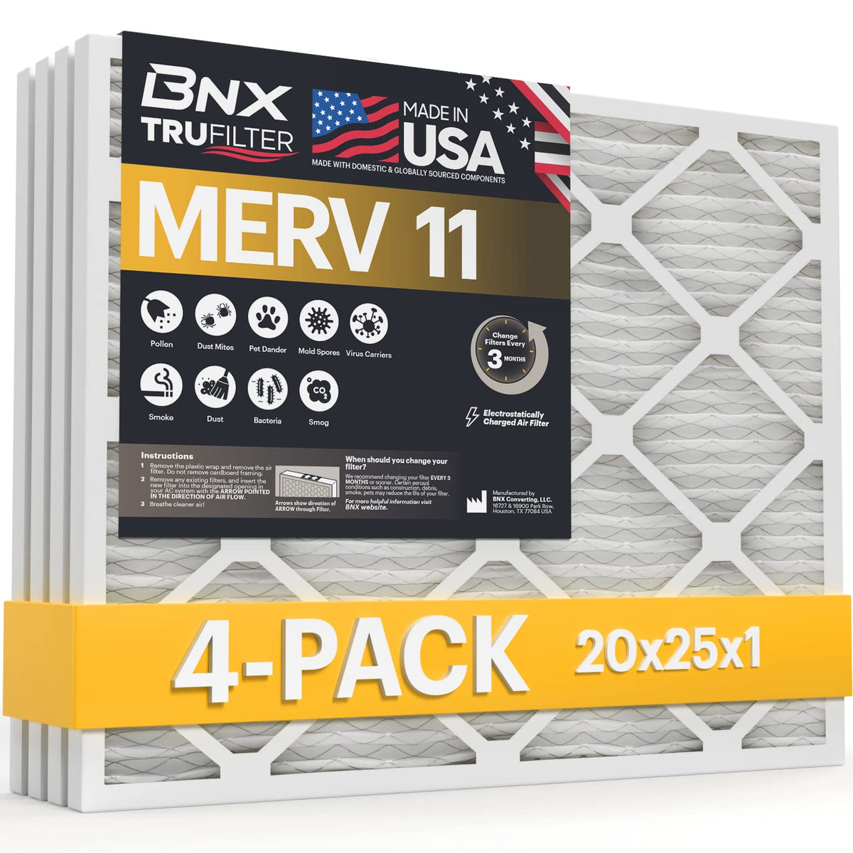 20x25x1 MERV 11 Air Filter 4 Pack (4 Count)