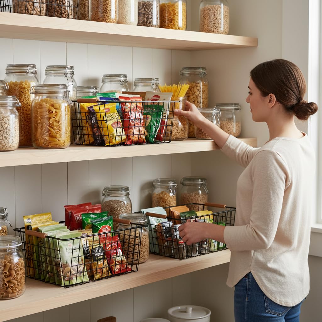Large black wire baskets with Wooden Handles for storage pantry