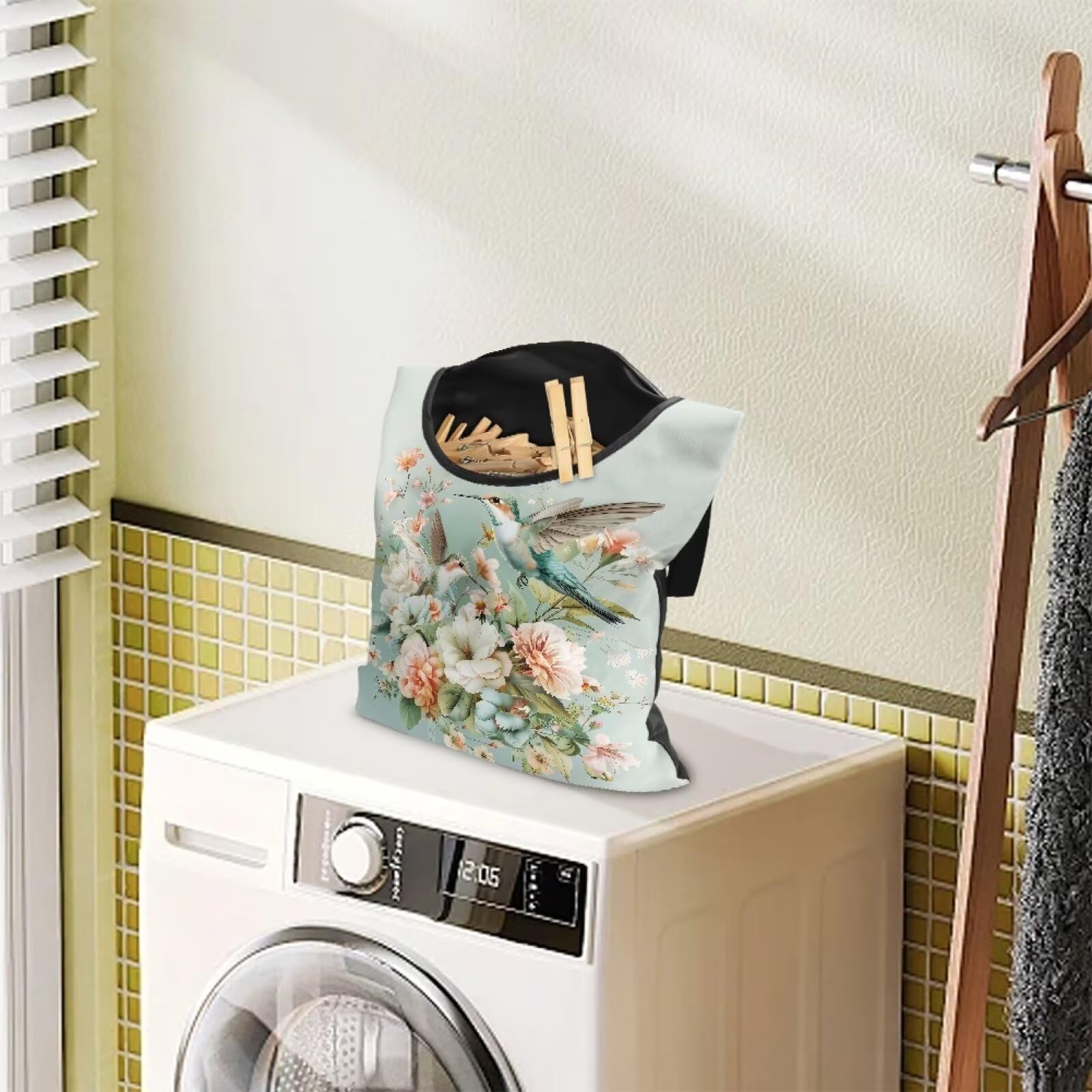 Hummingbird Floral Clothes Pin Bag to Hang On Line Reusable Clothespin Holder Laundry Room Clothespin Holder with Large Opening Space