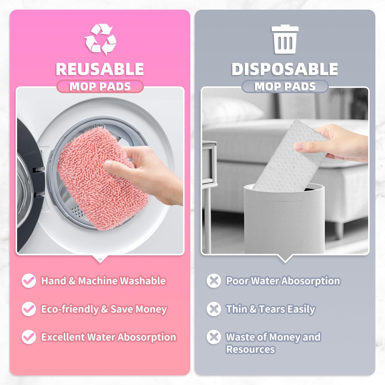 4 Pack Pink Reusable Chenille Mop Pads Fit for Swiffer Sweeper (4 Count)