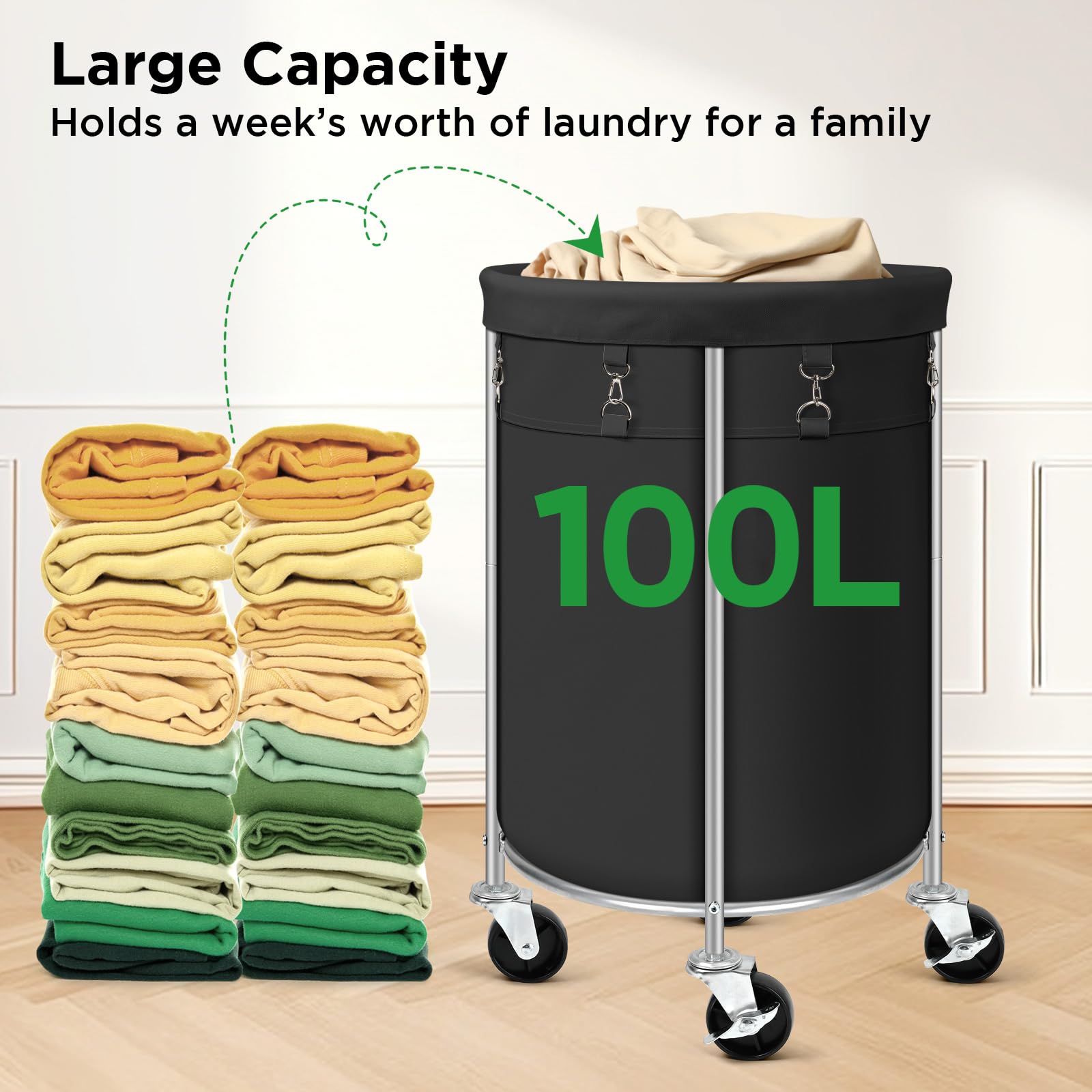 100L Round Rolling Laundry Hamper Basket with Wheels