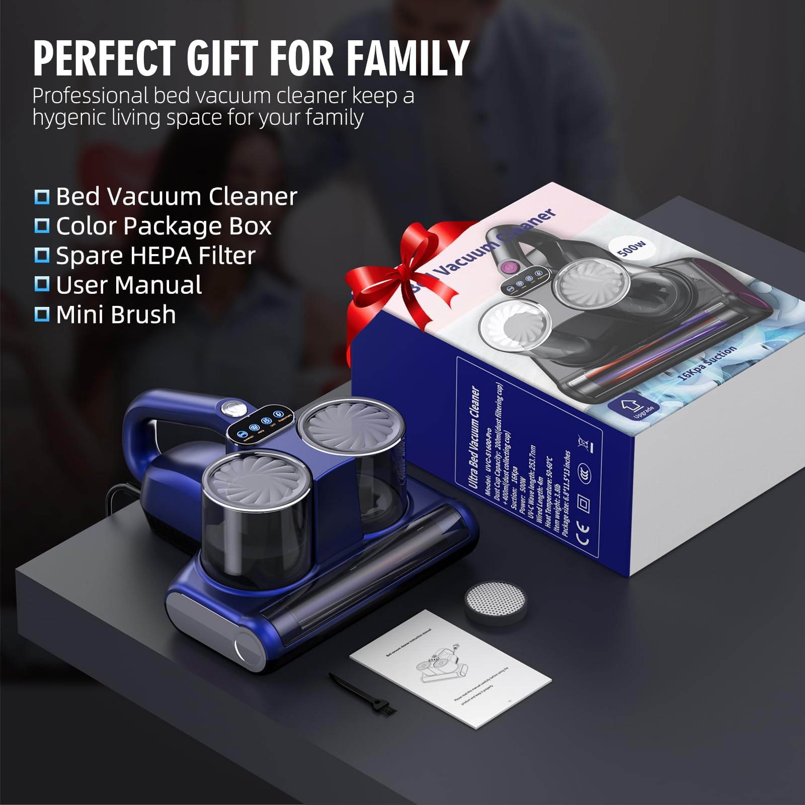 Mattress Vacuum Bed Vacuum Cleaner 16Kpa Suction 253.7nm UV