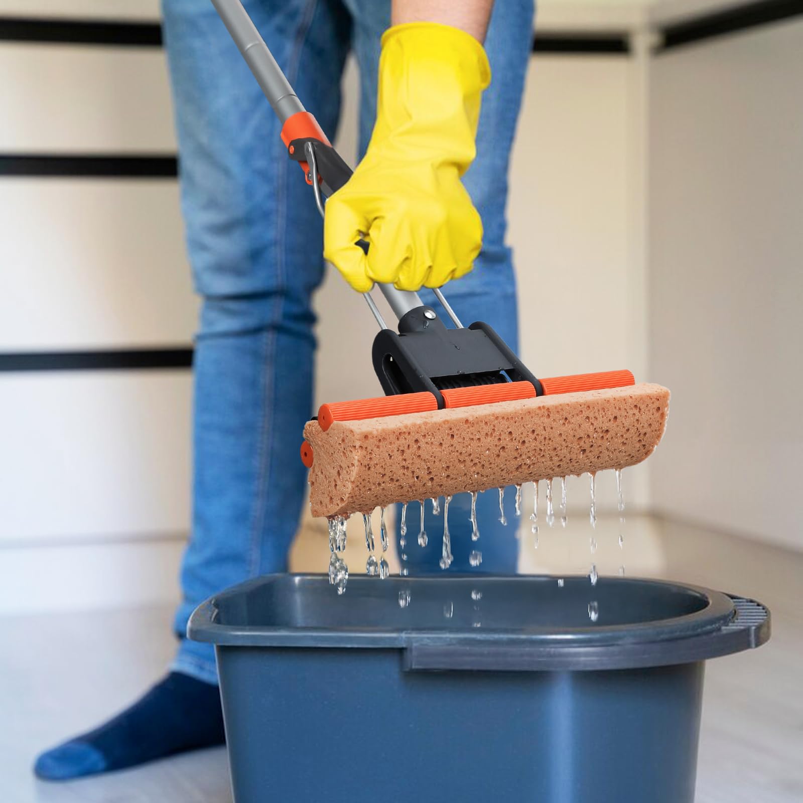 Sponge Mops for Floor Cleaning with 2 Cellulose Mop Head Refills and 55” Long Handle