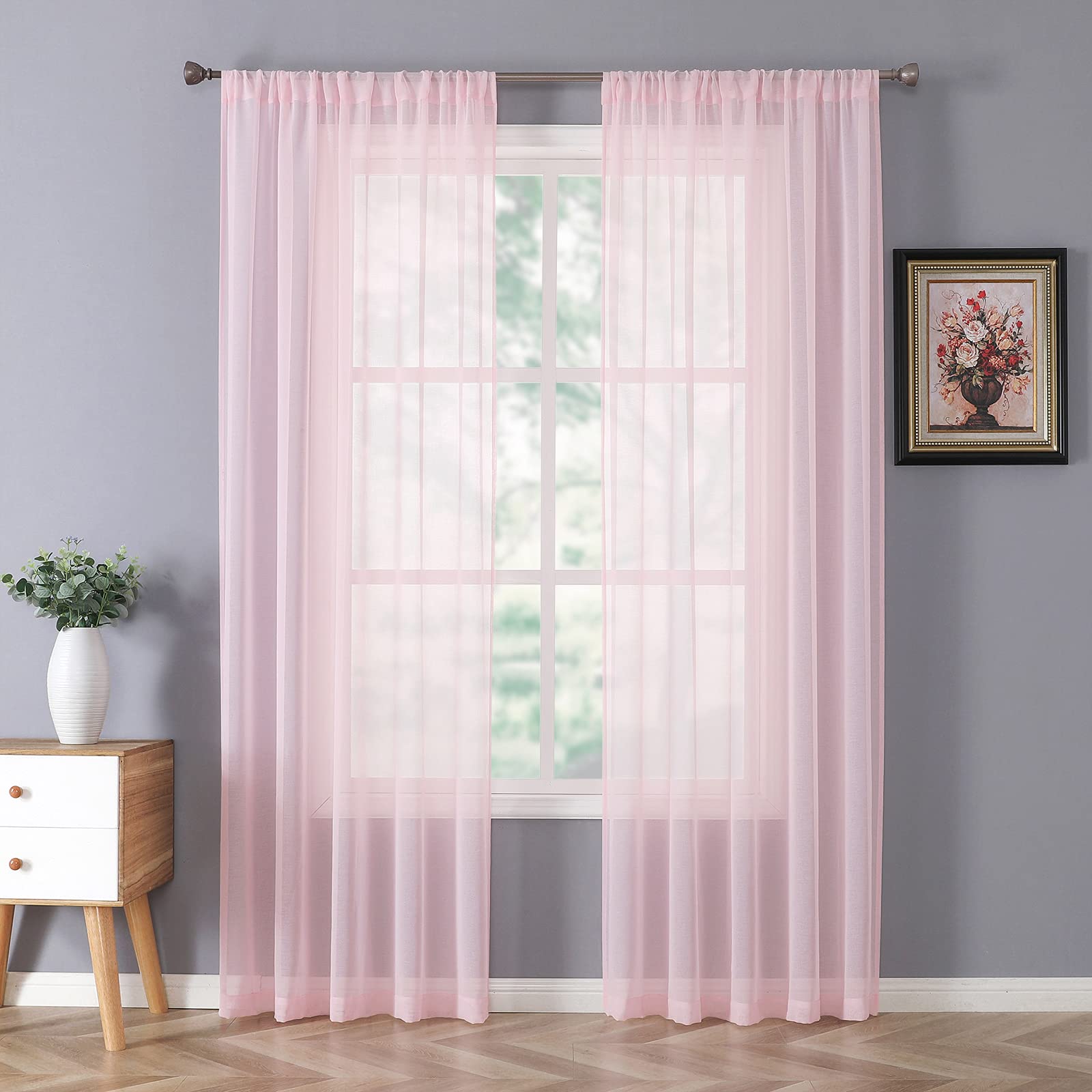 Sheer Curtains Linen Textured Bedroom Curtain Sheers Light Filtering Rod Pocket Voile Curtains for Living Room (2 Count)