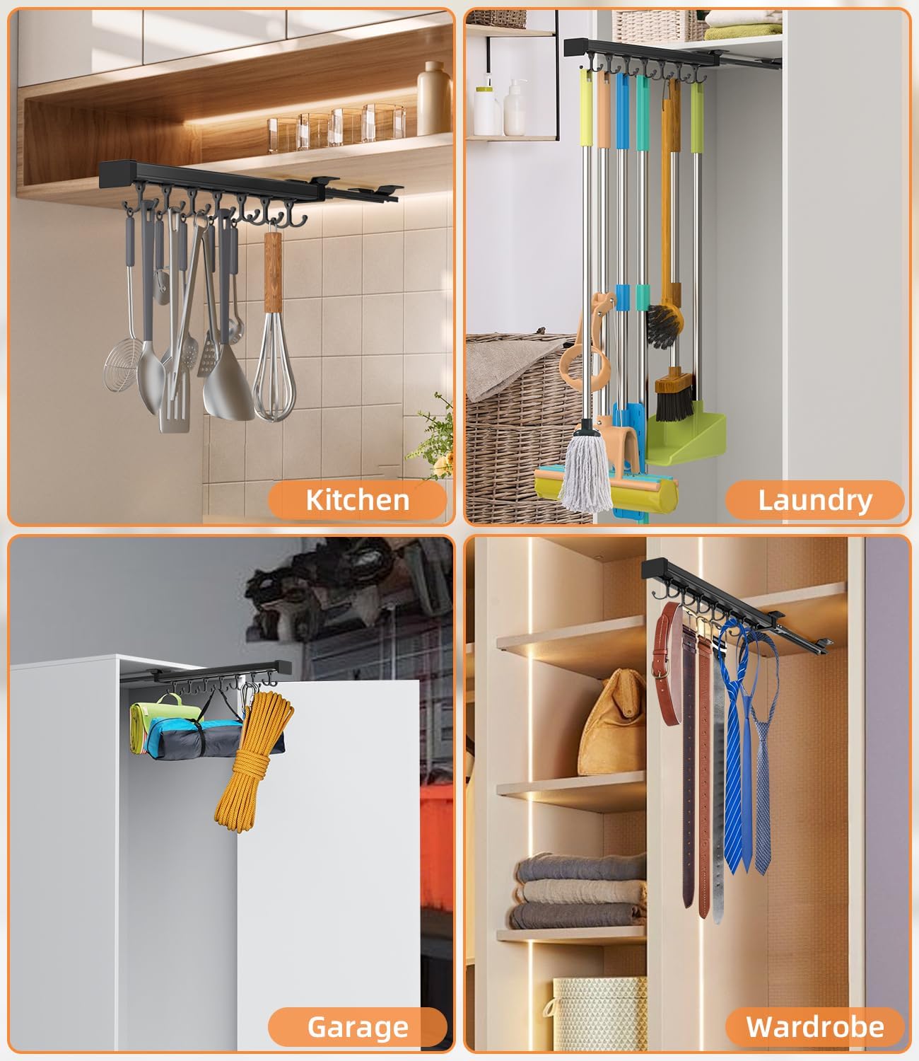 Pull Out Broom Holder With Adjustable Double Row Sliding Hook