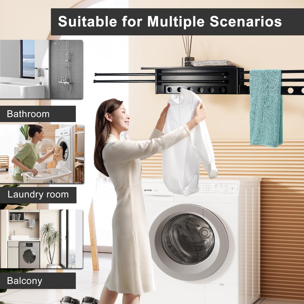 Aluminum Wall Mounted Foldable Swinging Clothes Drying Rack 50lbs Load