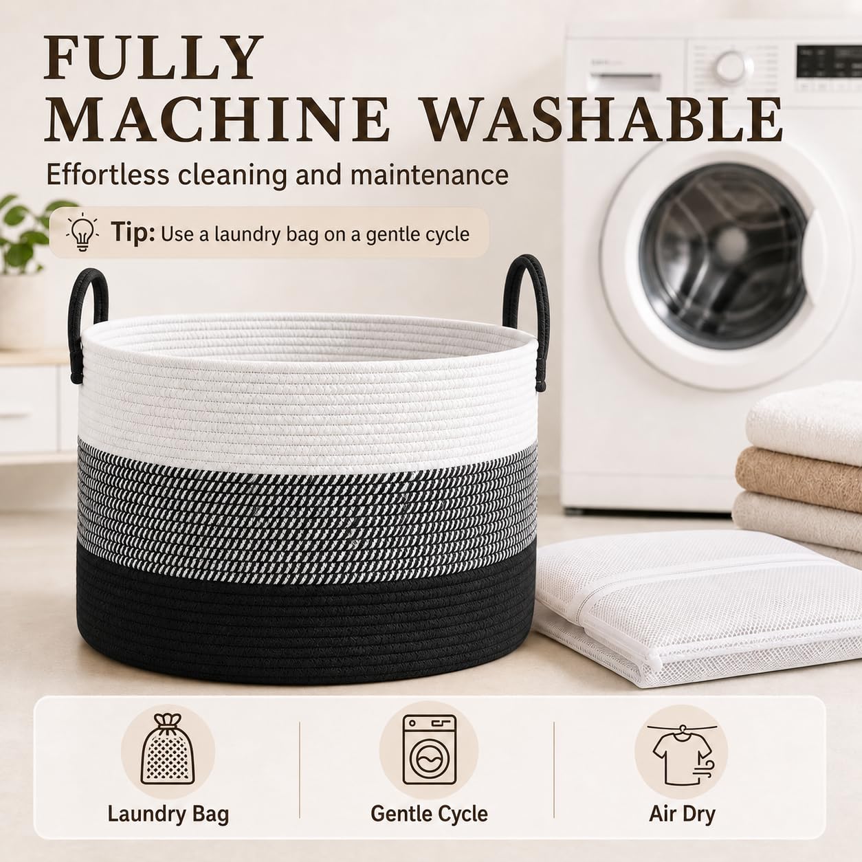 115L Extra Large Machine Washable Cotton Rope Blanket Basket