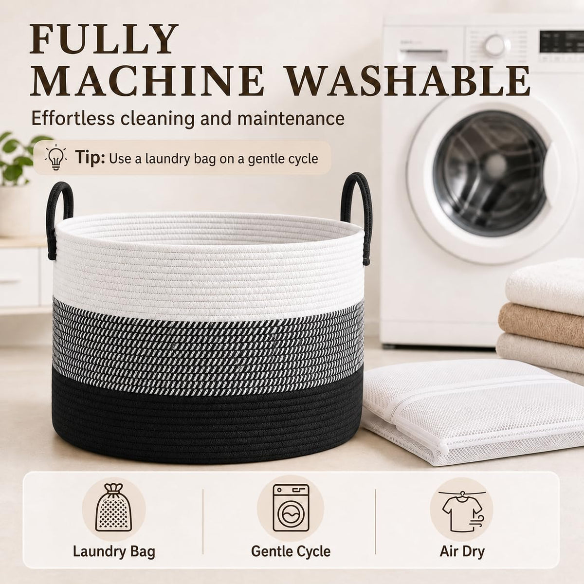 115L Extra Large Machine Washable Cotton Rope Blanket Basket