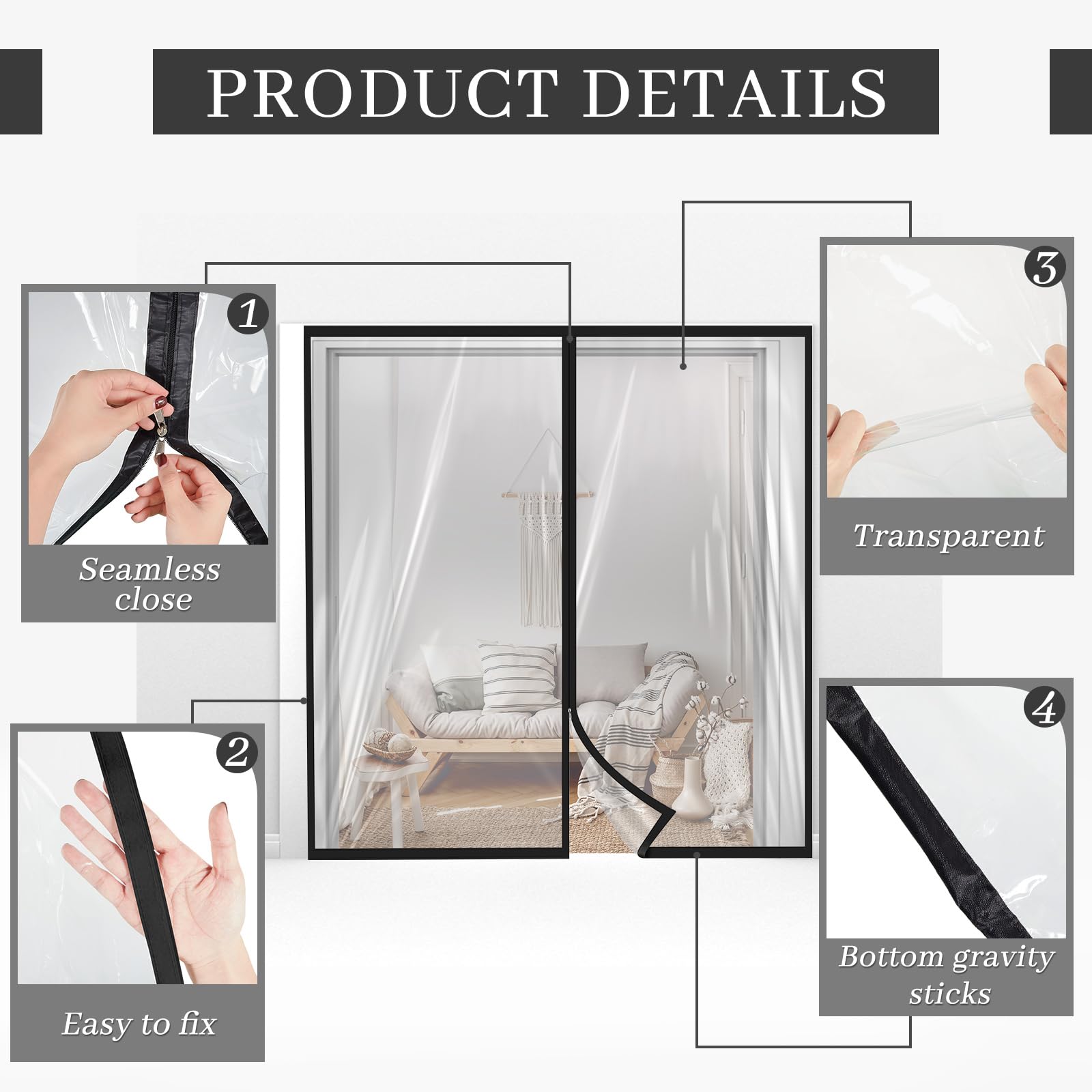 Zipper 72 x 80 Inch Dust Barrier Door Kit Construction Door Barrier 6 x 6.7 ft Reusable Plastic Curtain Cover Containment Standard Doorway Temporary Wall Screen Sheeting for Bathroom Hallway