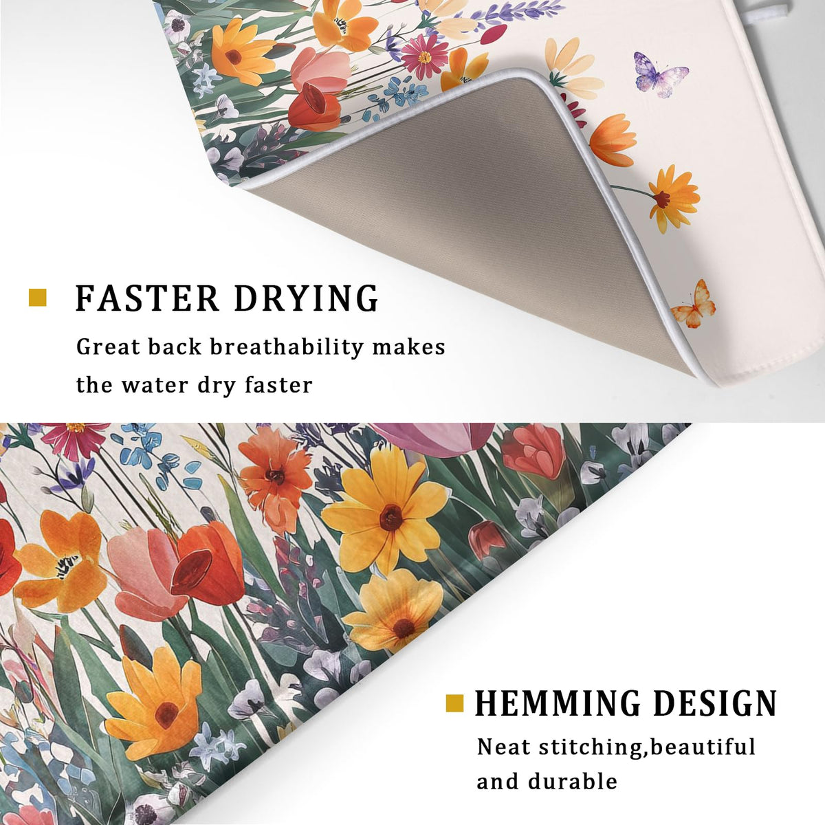 Spring Summer Flowers Dish Drying Mat for Kitchen Counter 16"x18" Colorful Floral Drying Mat Soft Absorbent Microfiber Farmhouse Fluttering Butterfly Dish Drainer Rack Mats for Counter tops