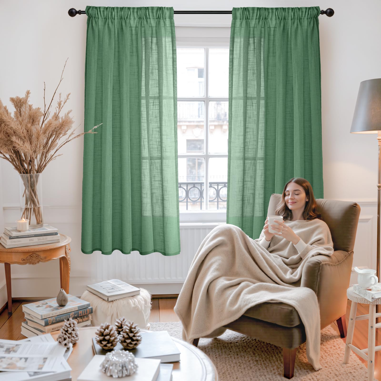 Green Linen Semi Sheer Curtains 63 Inch Length (2 Count)