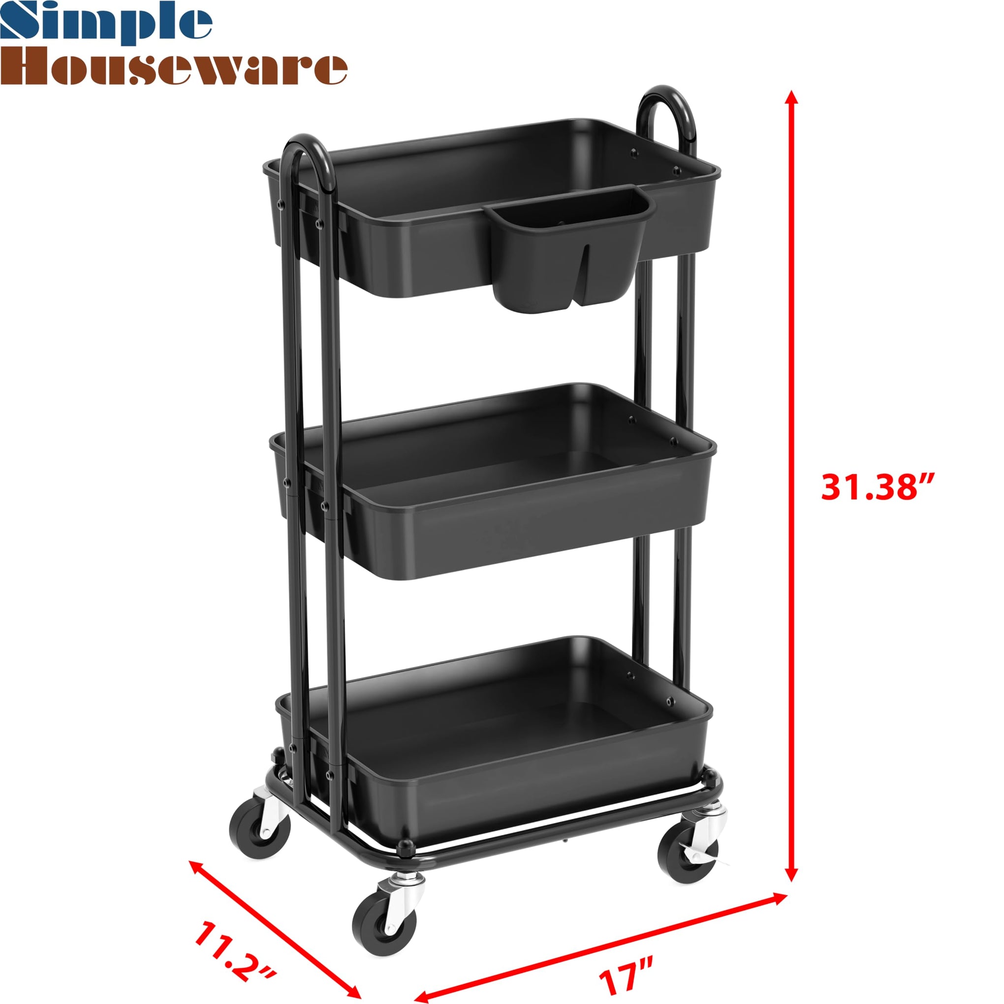 3 Tier Rolling Utility Cart with Hanging Bucket (24 Count)