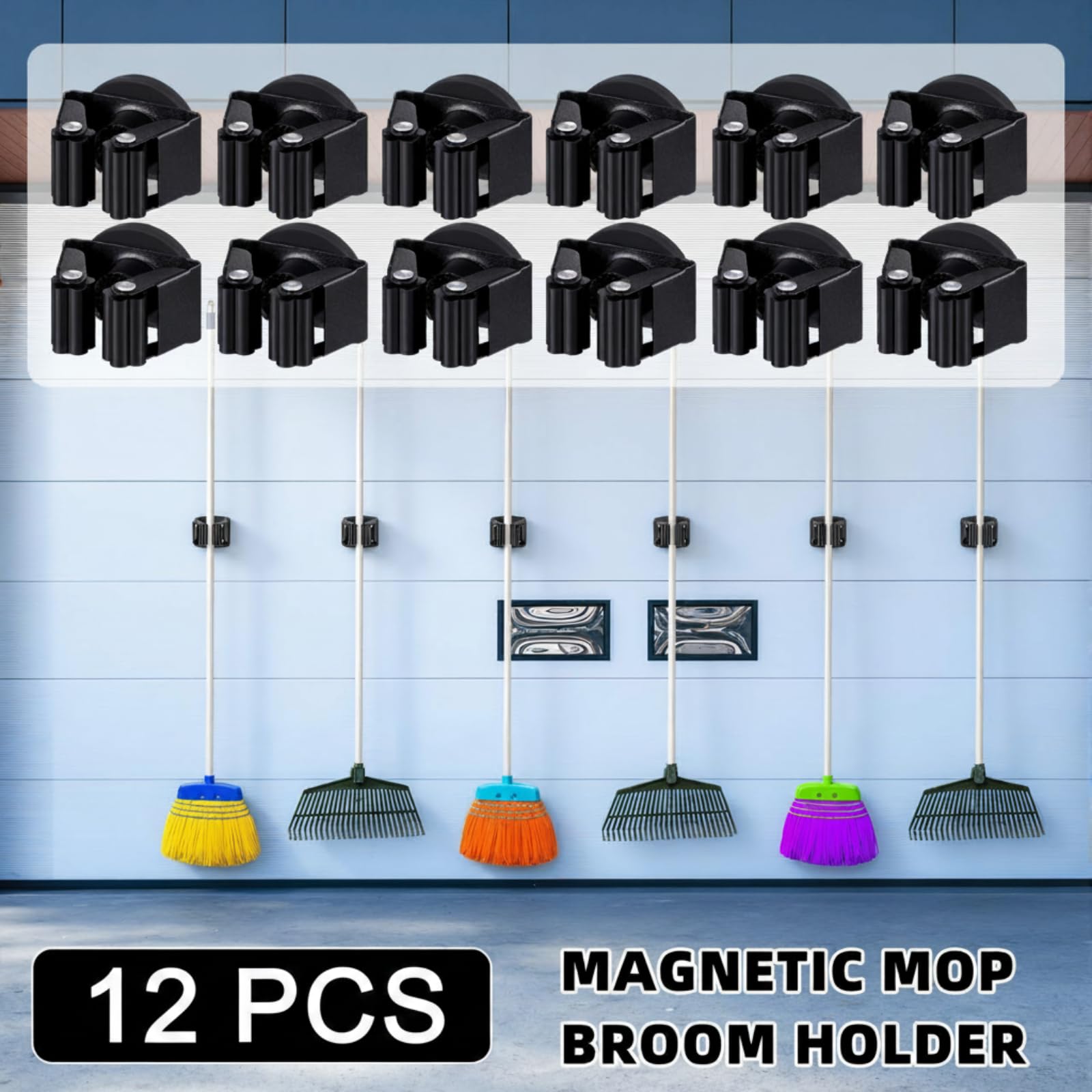 12 Pcs Magnetic Broom Holder Wall Mounted Anti Slip Rack (12 Count)