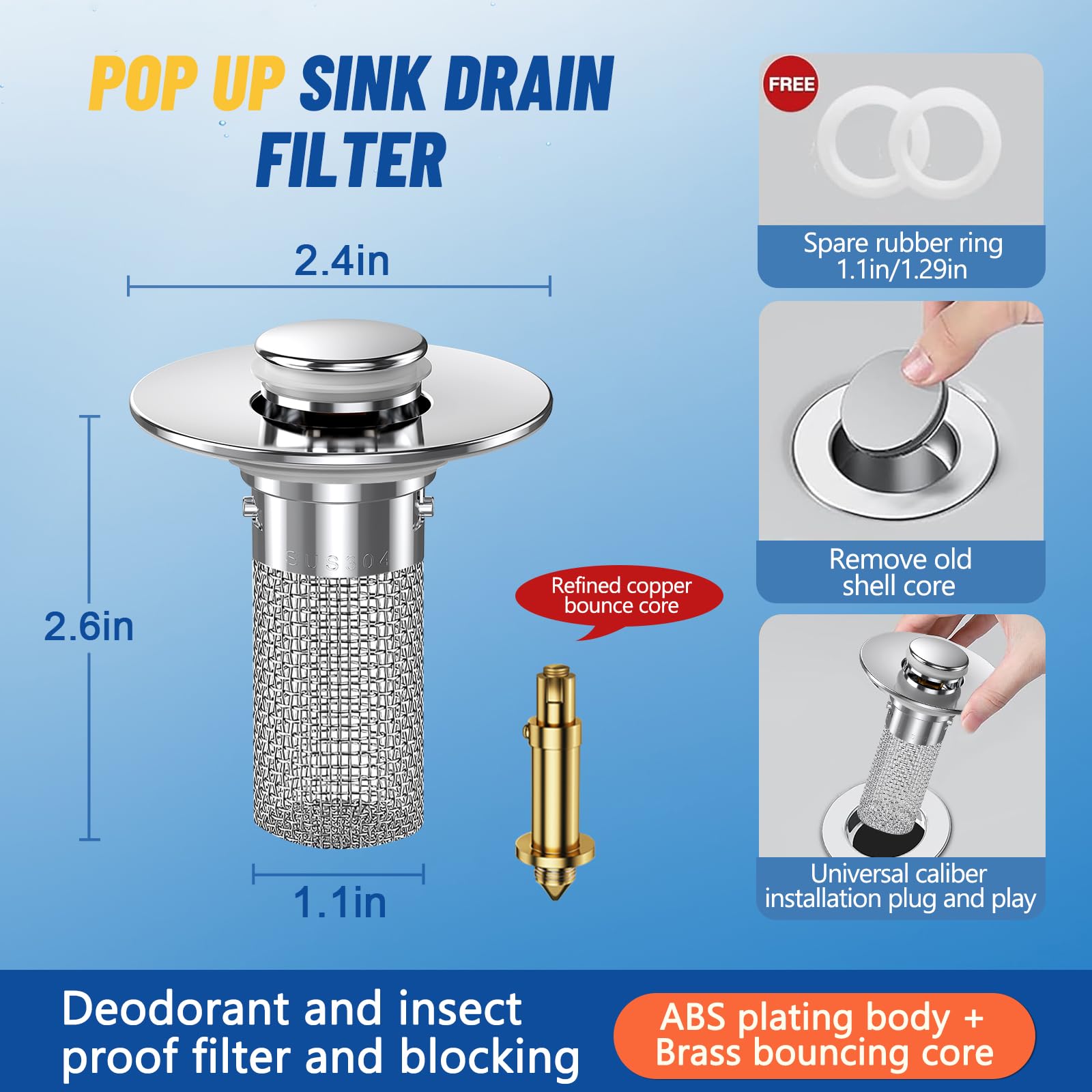 2024 New Pop Up Bathroom Sink Drain Strainer Hair Catcher (2 Count)