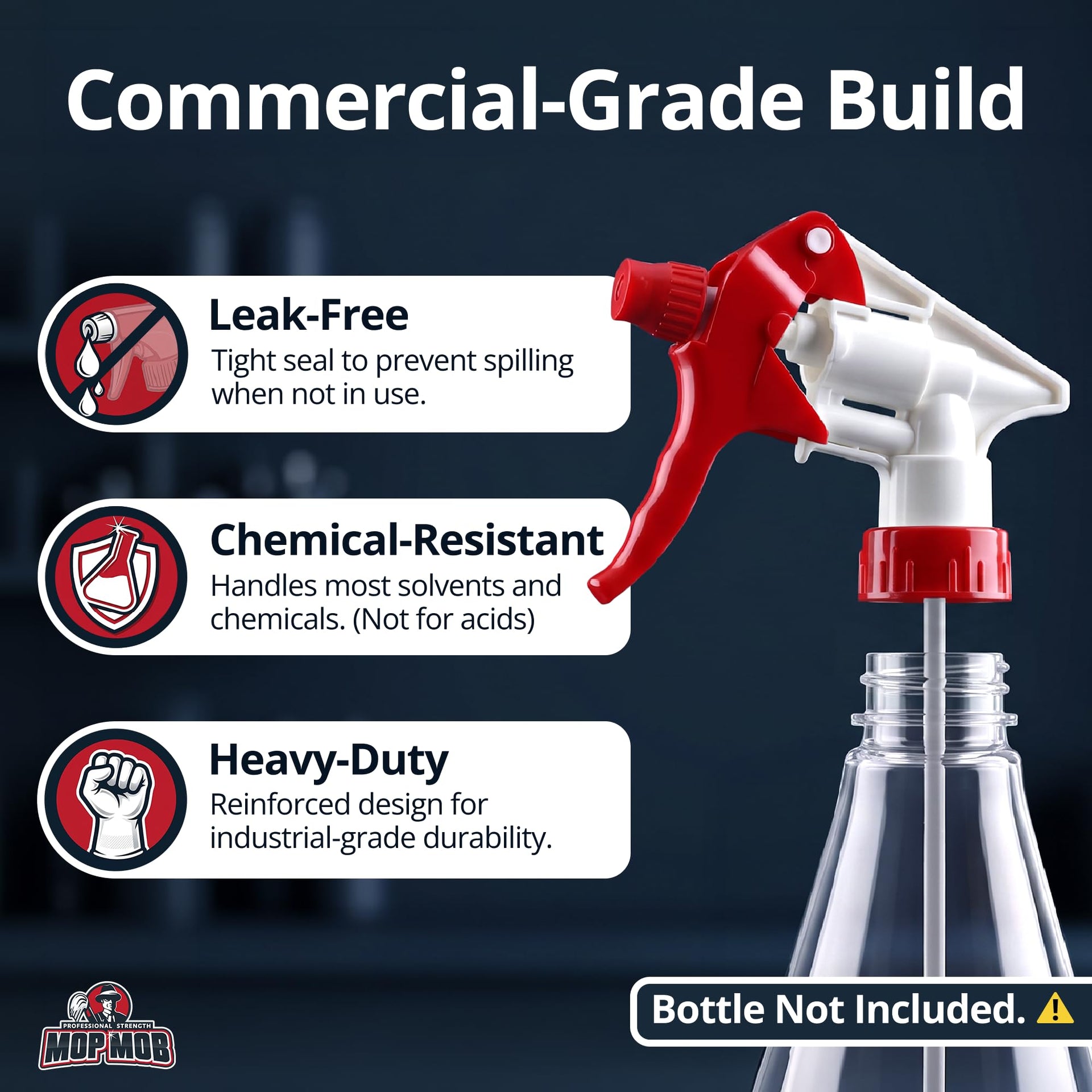 Leak-Free, Chemical Resistant Spray Head 5 Pk Industrial Spray Heads Only (No Bottles) for Auto/Car Detailing, Window Cleaning and Janitorial Supply. Heavy Duty Low-Fatigue Trigger and Nozzle. (5 Count)