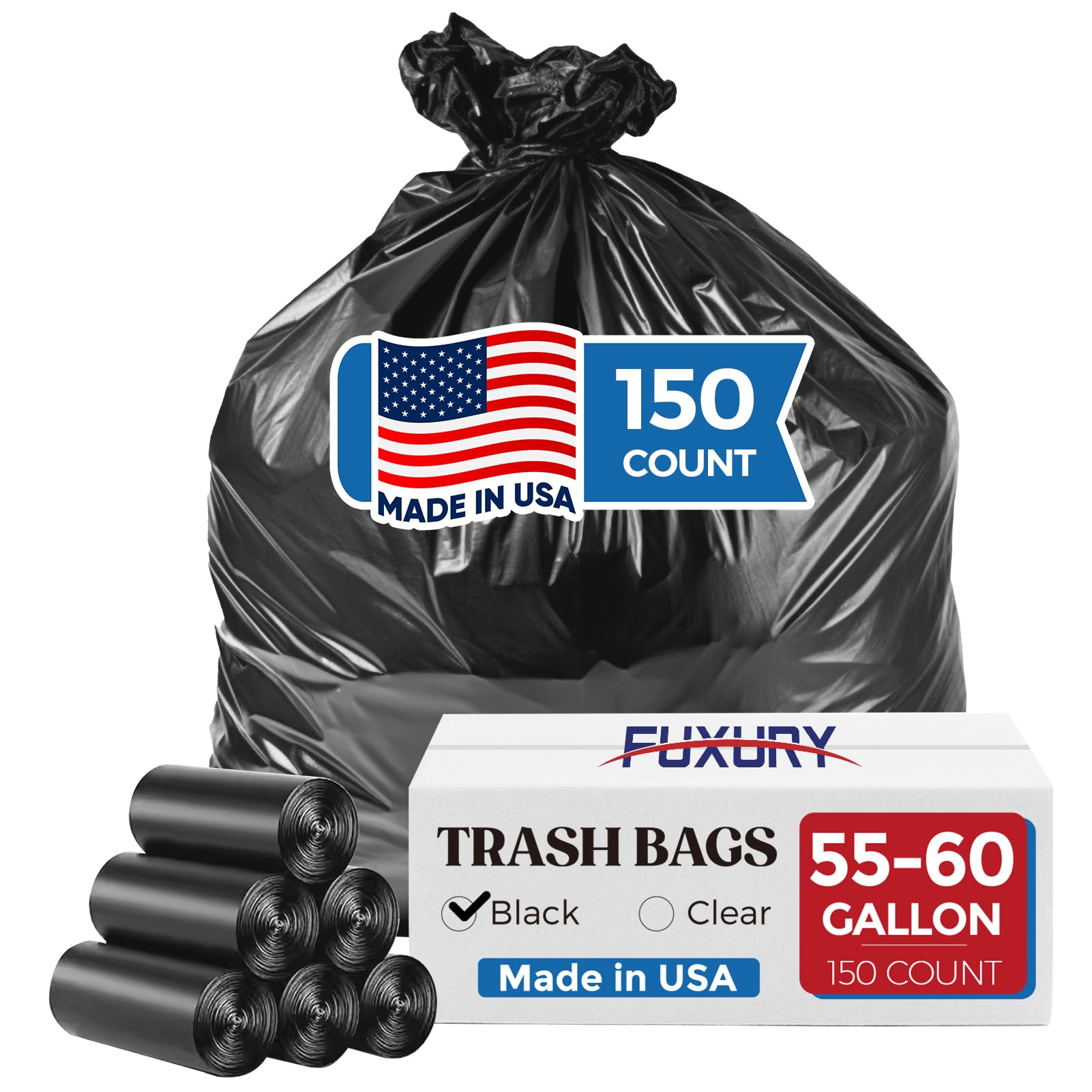 55 60 Gallon Trash Bags 150 Count Black Garbage Bags Made in USA