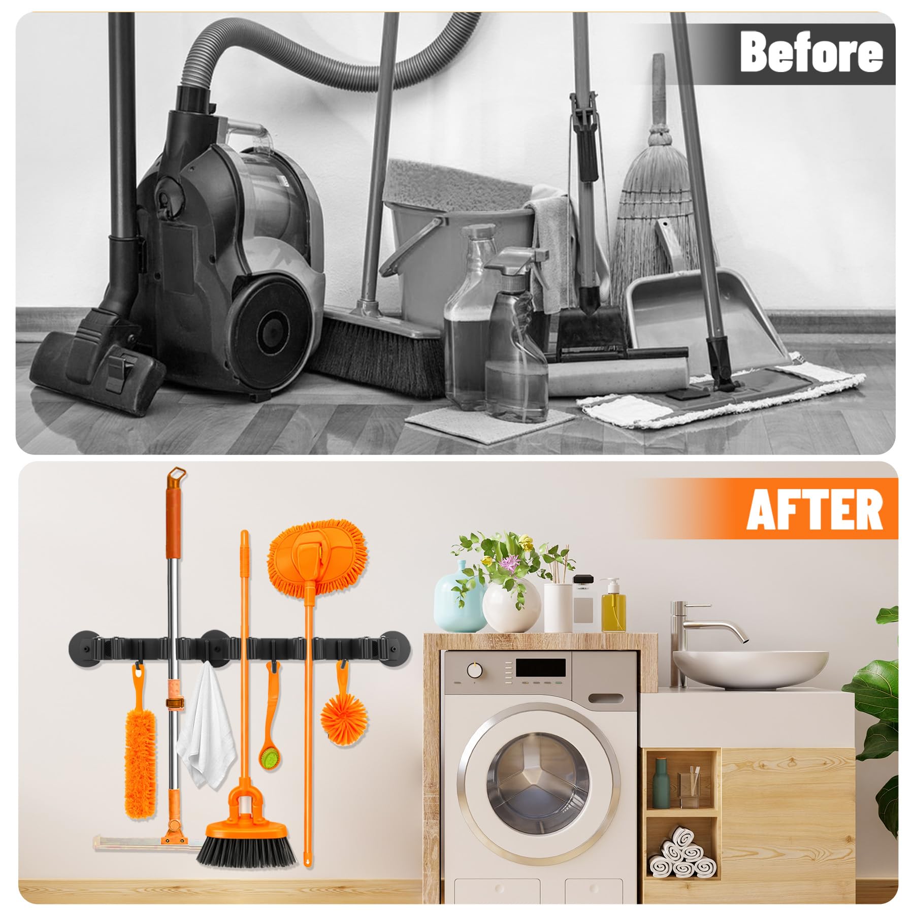 Magnetic Broom Holder Wall Mount with 4 Hooks and 5 Rack