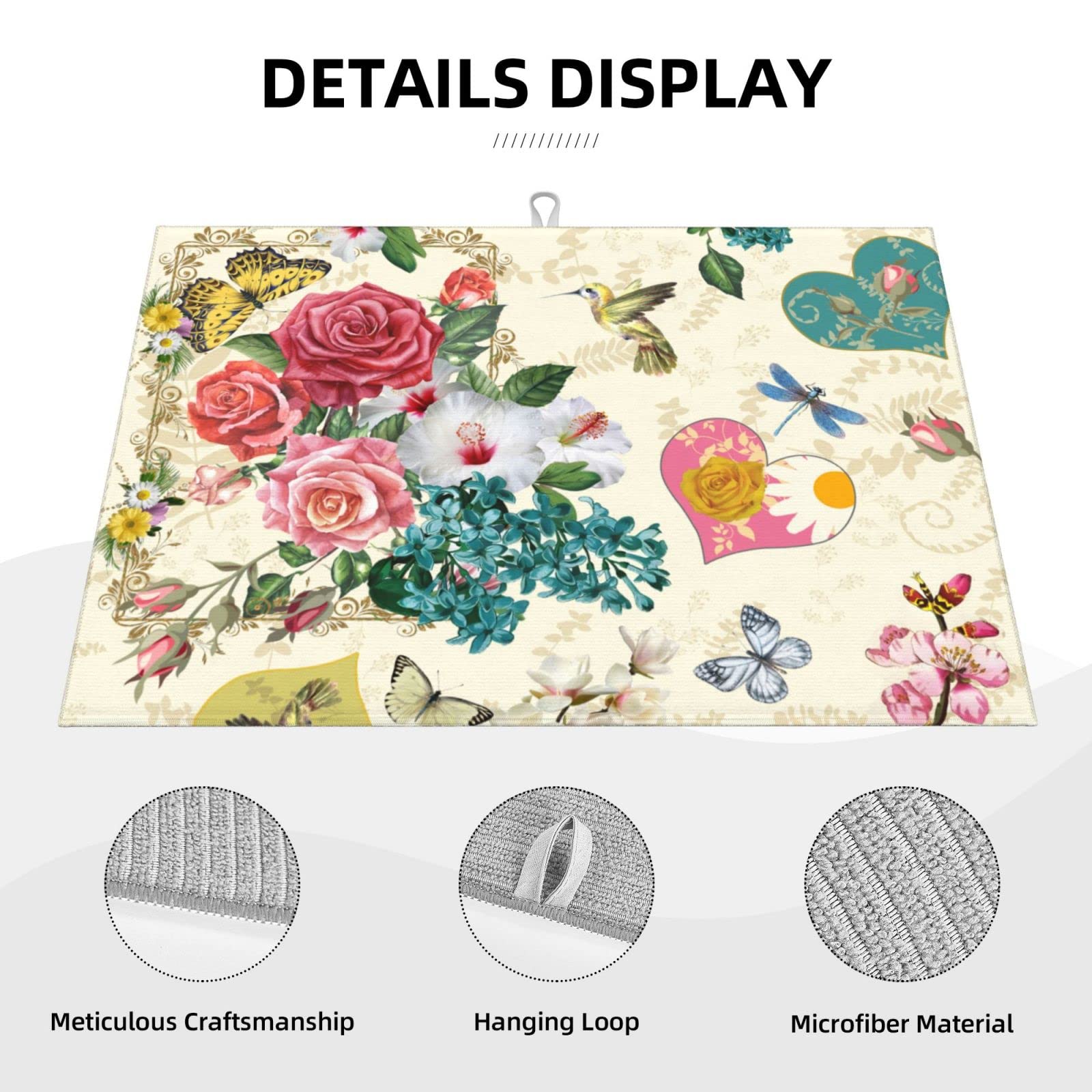 Beautiful Boho Flowers Dish Drying Mat For Kitchen Counter 18 X 24 Inch Absorbent Reversible Drainer