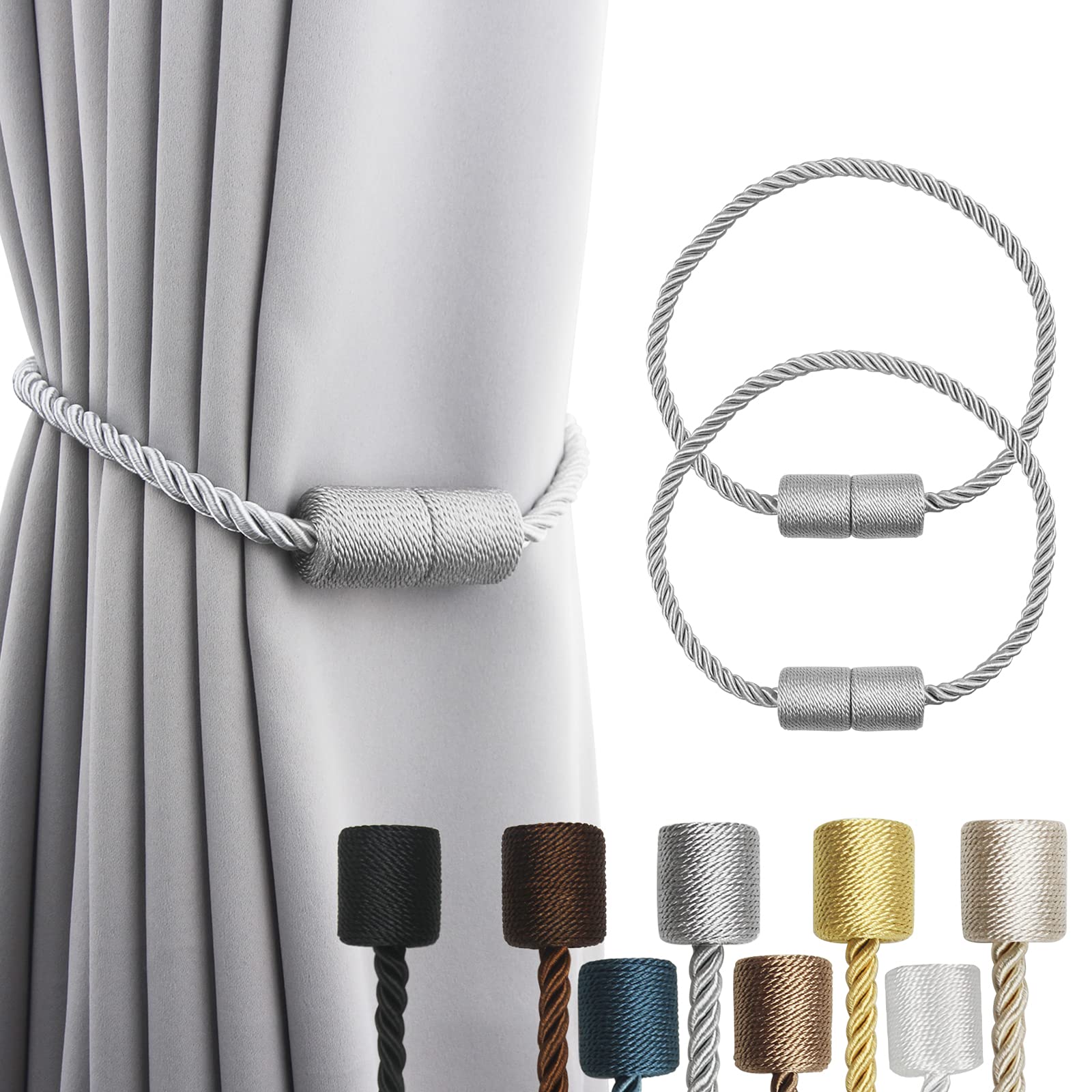 2 Pack Grey Strong Magnetic Curtain Tiebacks Outdoor Elegant Decorative Tie Backs Modern Rope Tiebacks for Drapes Window Curtain Holdbacks for Draperies (2 Count)