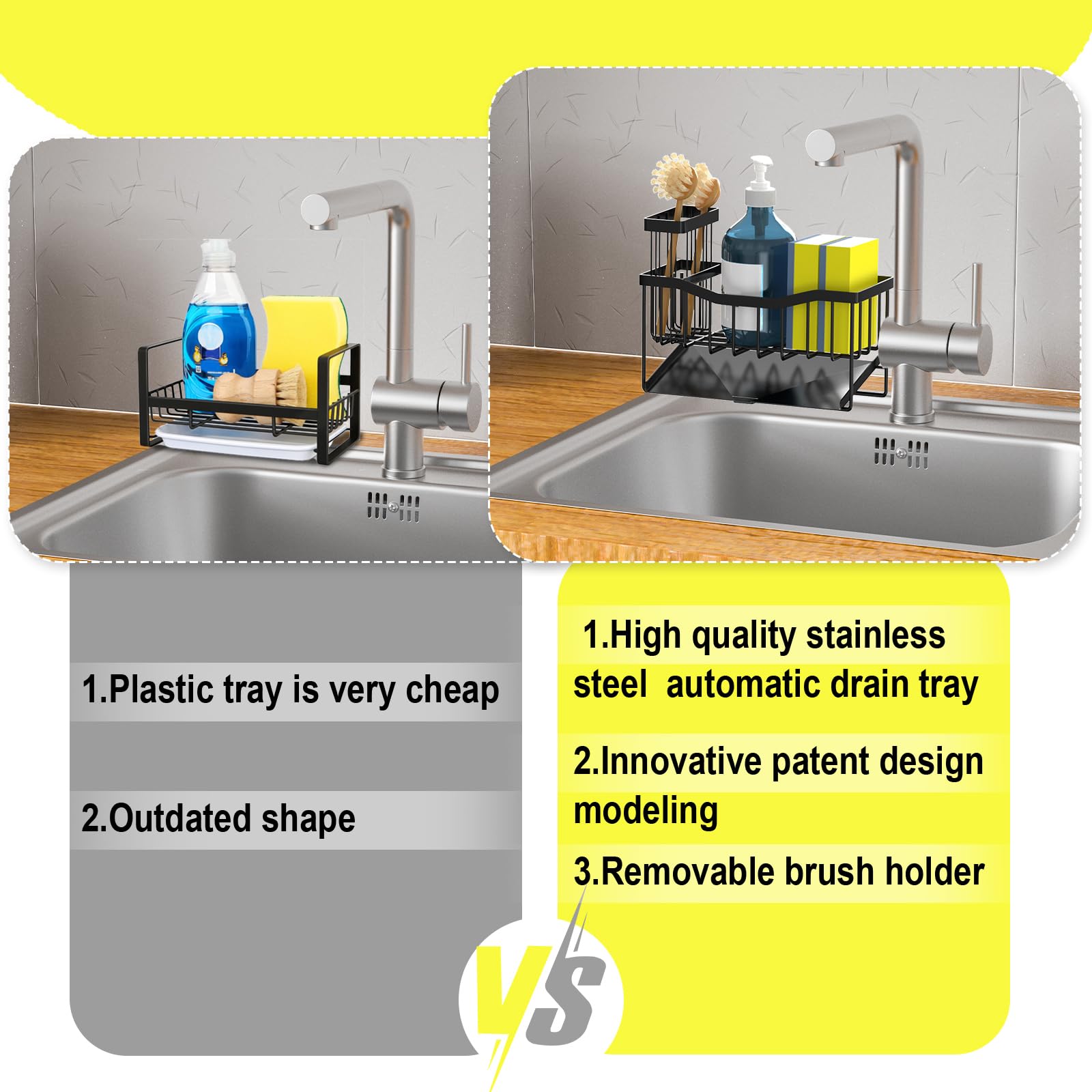 Maifan Sink Caddy Sponge Holder for Kitchen with Brush Holder and Stainless Steel Self Drain Tray