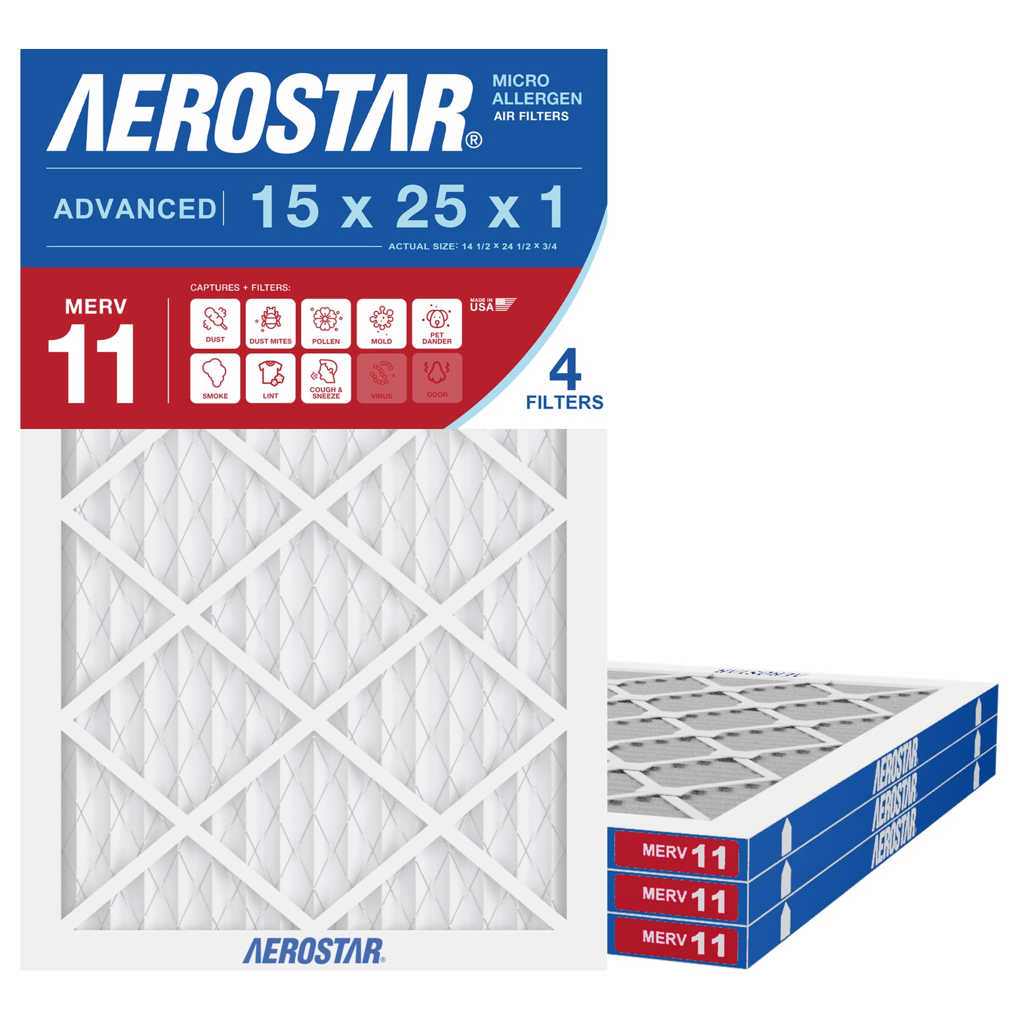 Air Filter 15x25x1 MERV 11 AC Filter (4 Count)